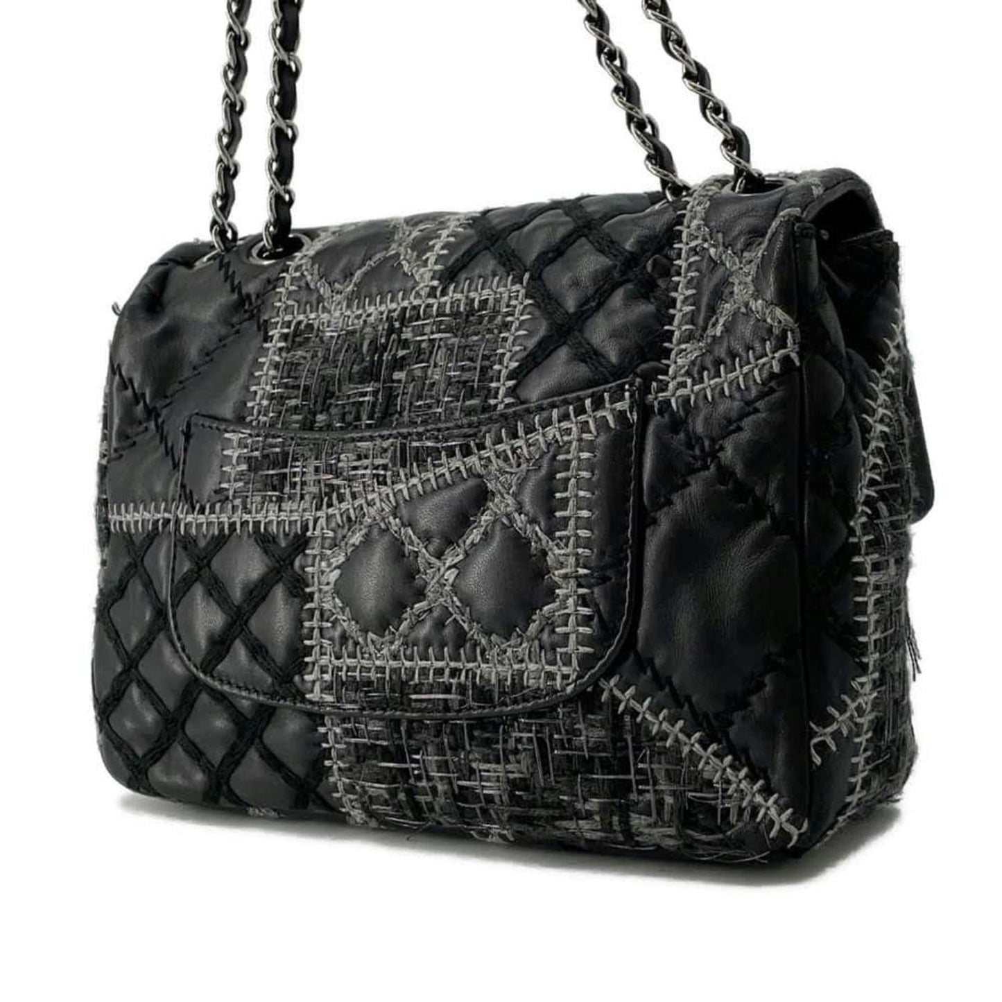 Chanel Chain Shoulder Bag Coco Mark Patchwork Tweed Lambskin CHANEL Black
