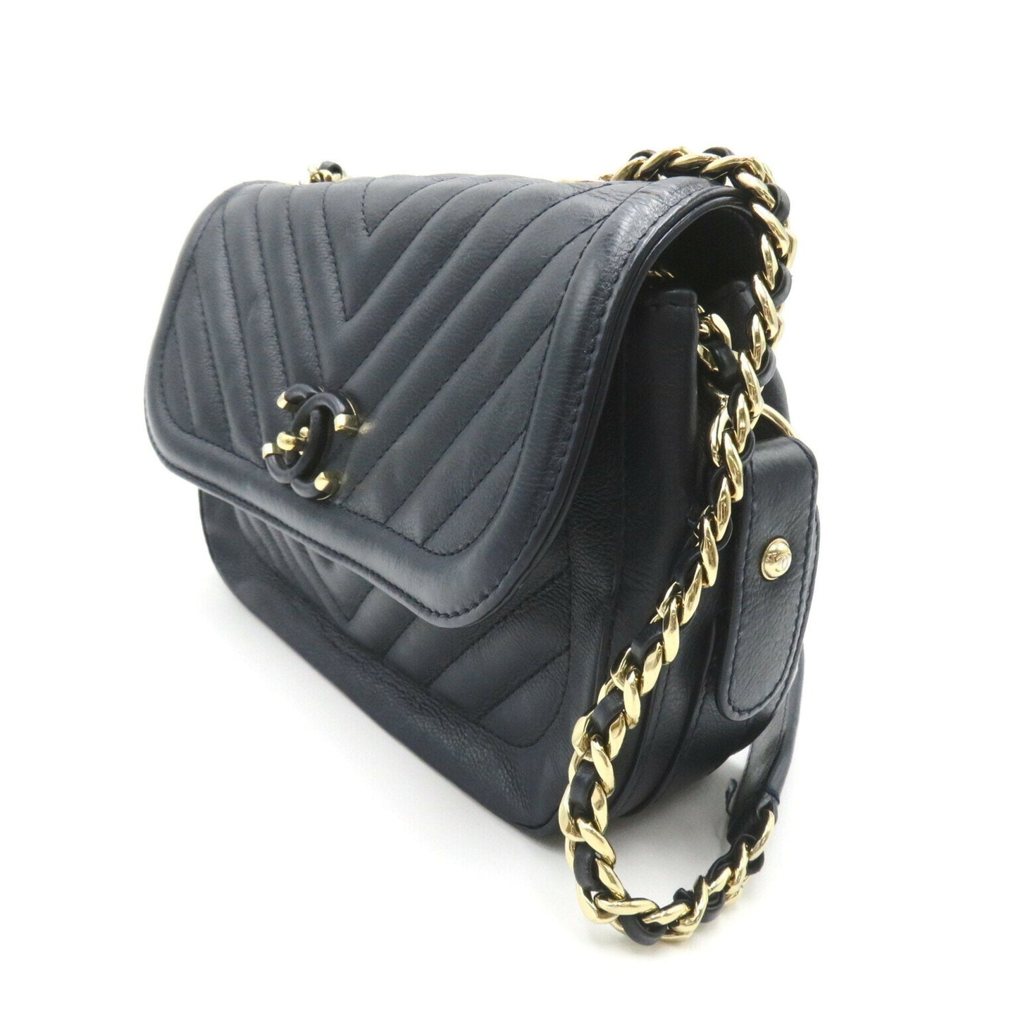 CHANEL V-stitch chain shoulder bag, calf leather, for women, navy