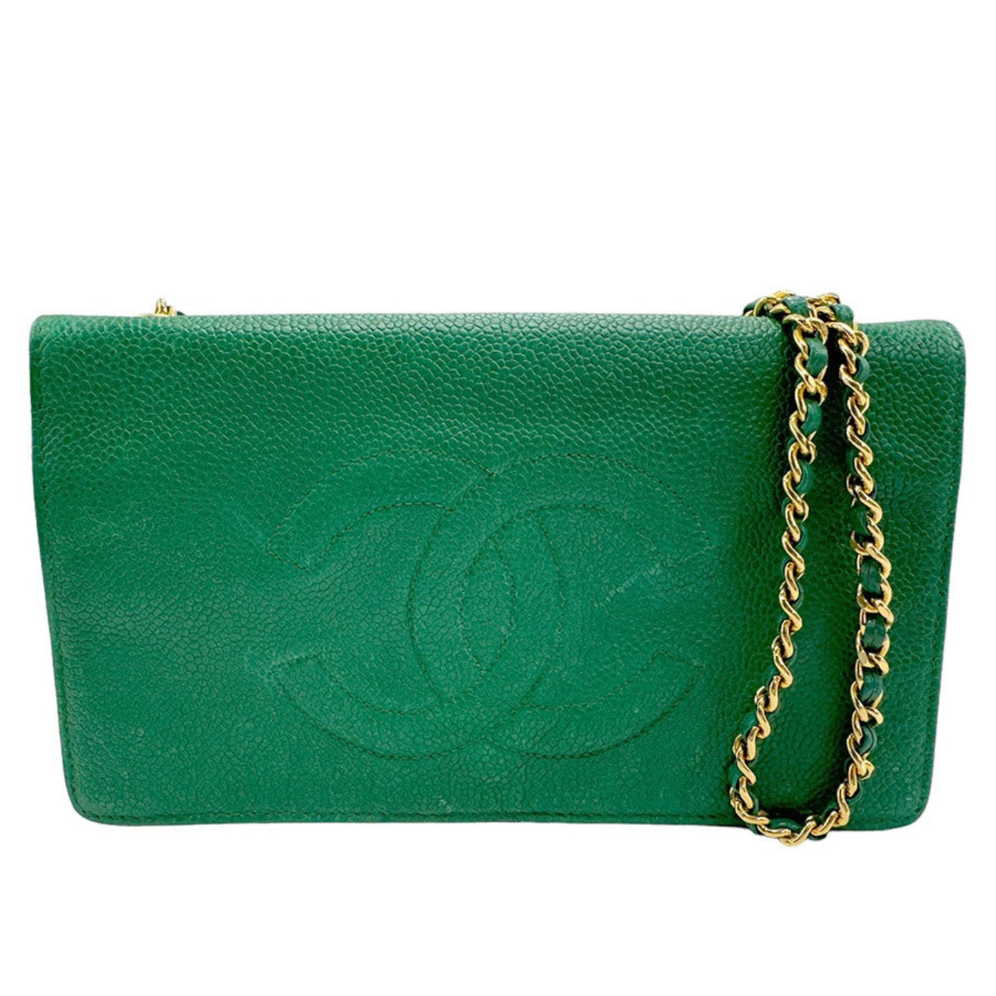 CHANEL Chain Wallet Coco Mark Caviar Skin Leather Green Women's n0053