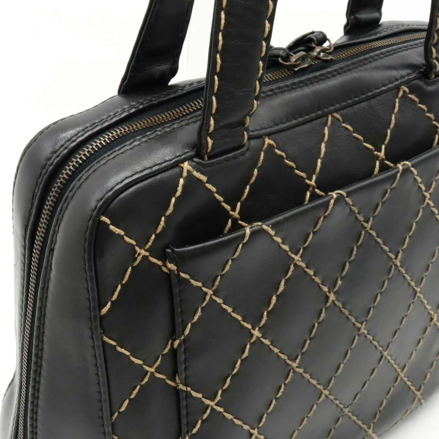 Chanel Wild Stitch Coco Mark Tote Bag HandBag Leather Black A14693