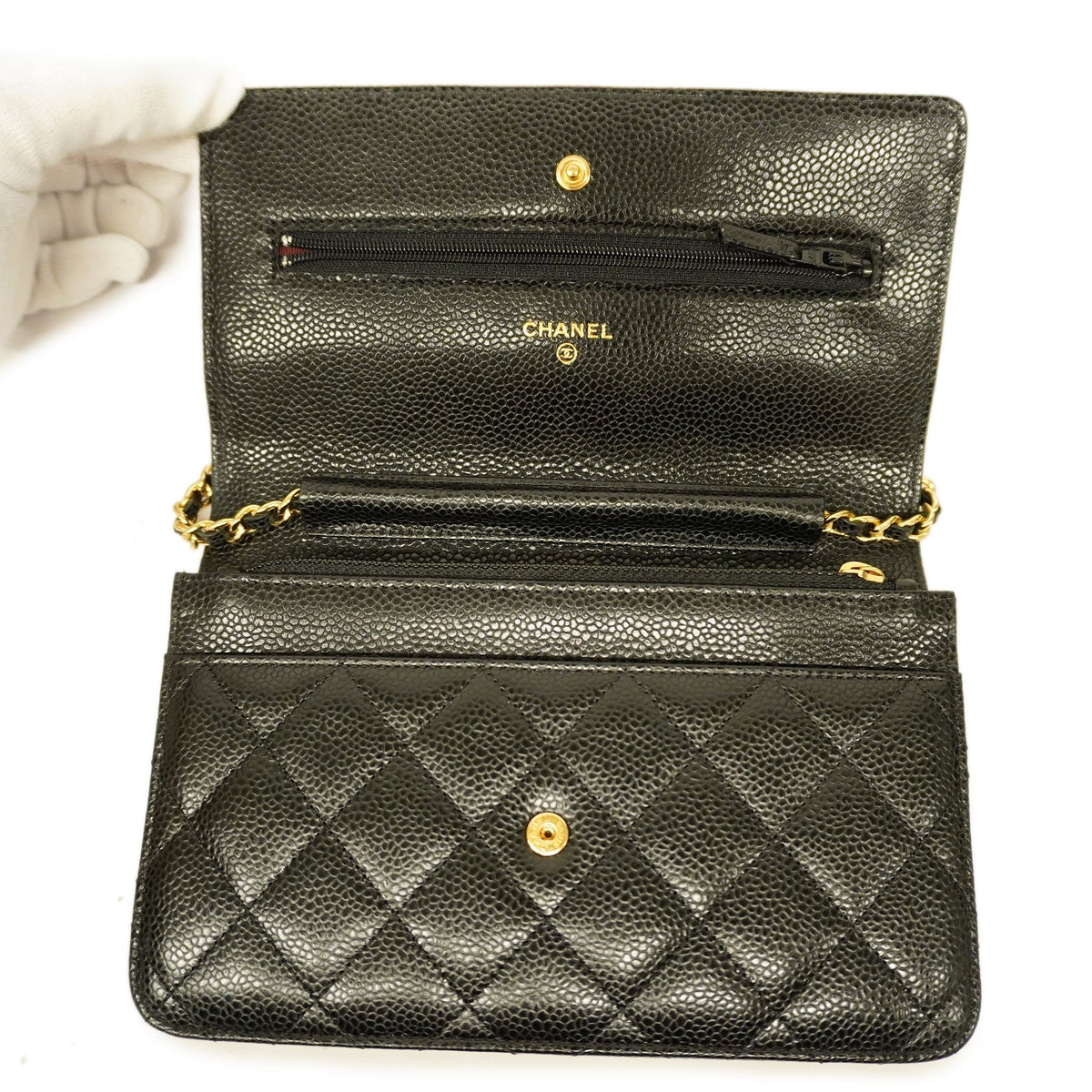ChanelAuth  Matelasse Chain Shoulder Gold Hardware Caviar Leather Black