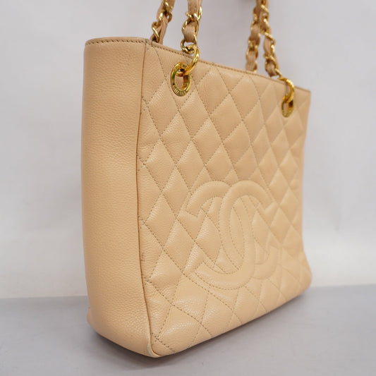 ChanelAuth  Matelasse Chain Shoulder Women's Caviar Leather Tote Bag Beige
