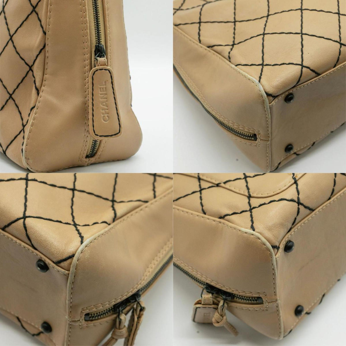 CHANEL Handbag Wild Stitch Leather Beige Black Women's PD53