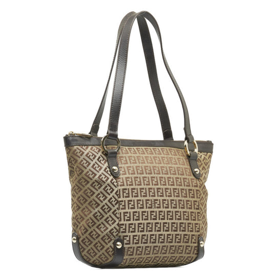 FENDI Zucchino Handbag Tote Bag 8BH196 Beige Brown Canvas Leather Women's