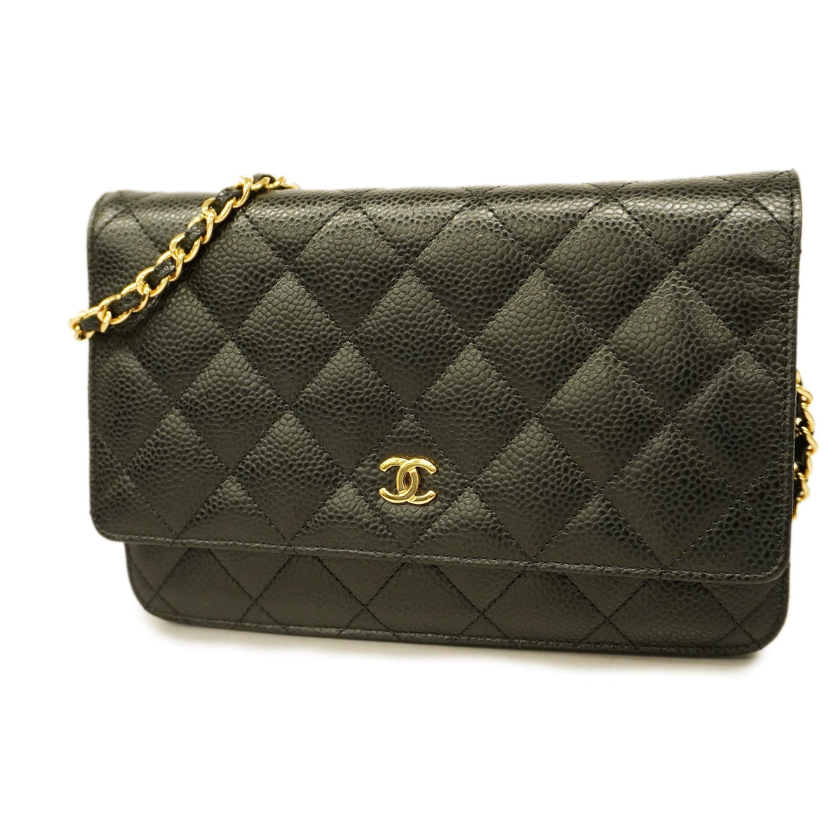 ChanelAuth  Matelasse Chain Shoulder Gold Hardware Caviar Leather Black