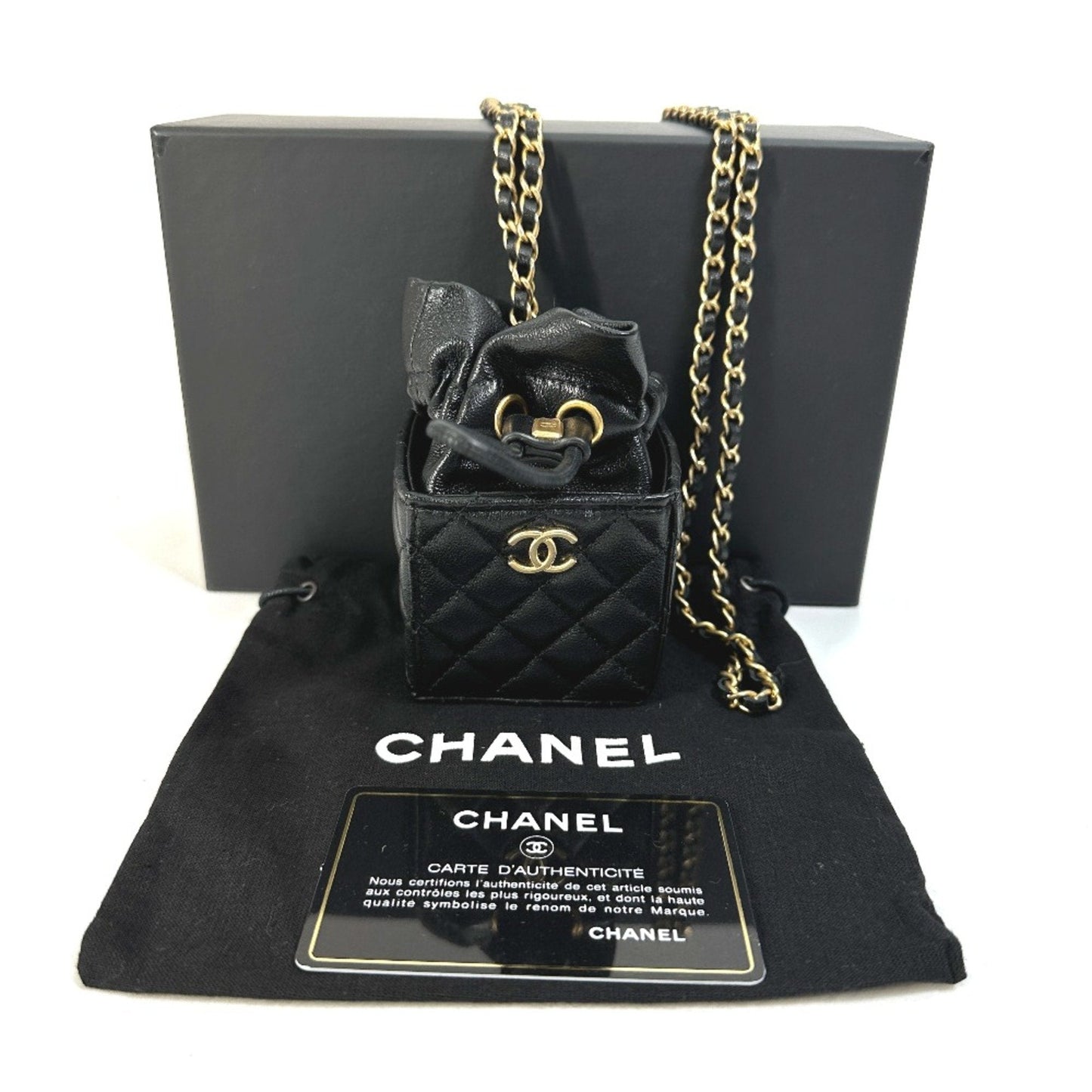 Chanel CCCC Mark Chain Mini Drawstring Crossbody Pochette Shoulder Bag Black Gold