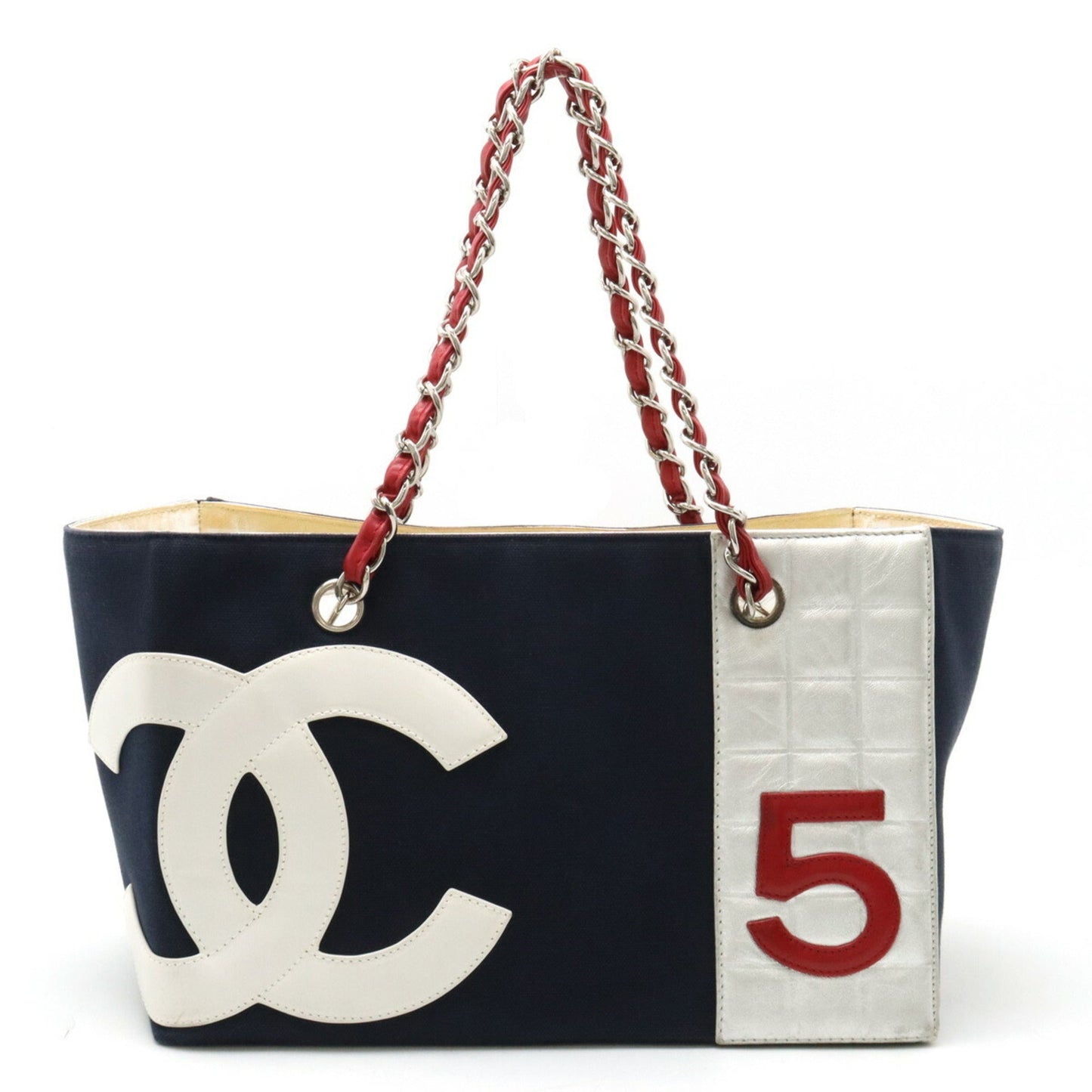 CHANEL Coco Mark No.5 Tote Bag Shoulder Chain Canvas Leather Navy Red Silver A18644