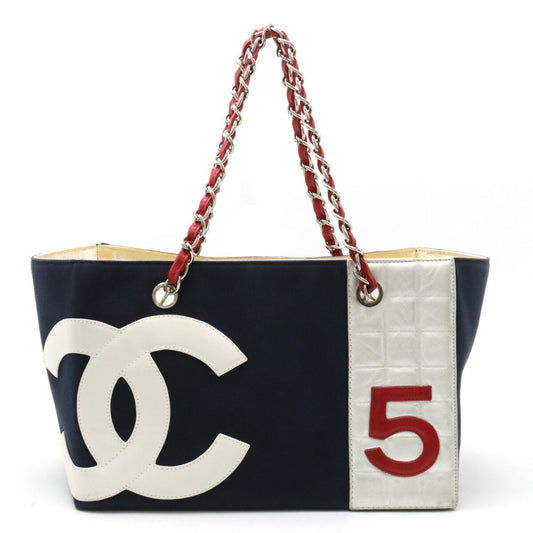 CHANEL Coco Mark No.5 Tote Bag Shoulder Chain Canvas Leather Navy Red Silver A18644