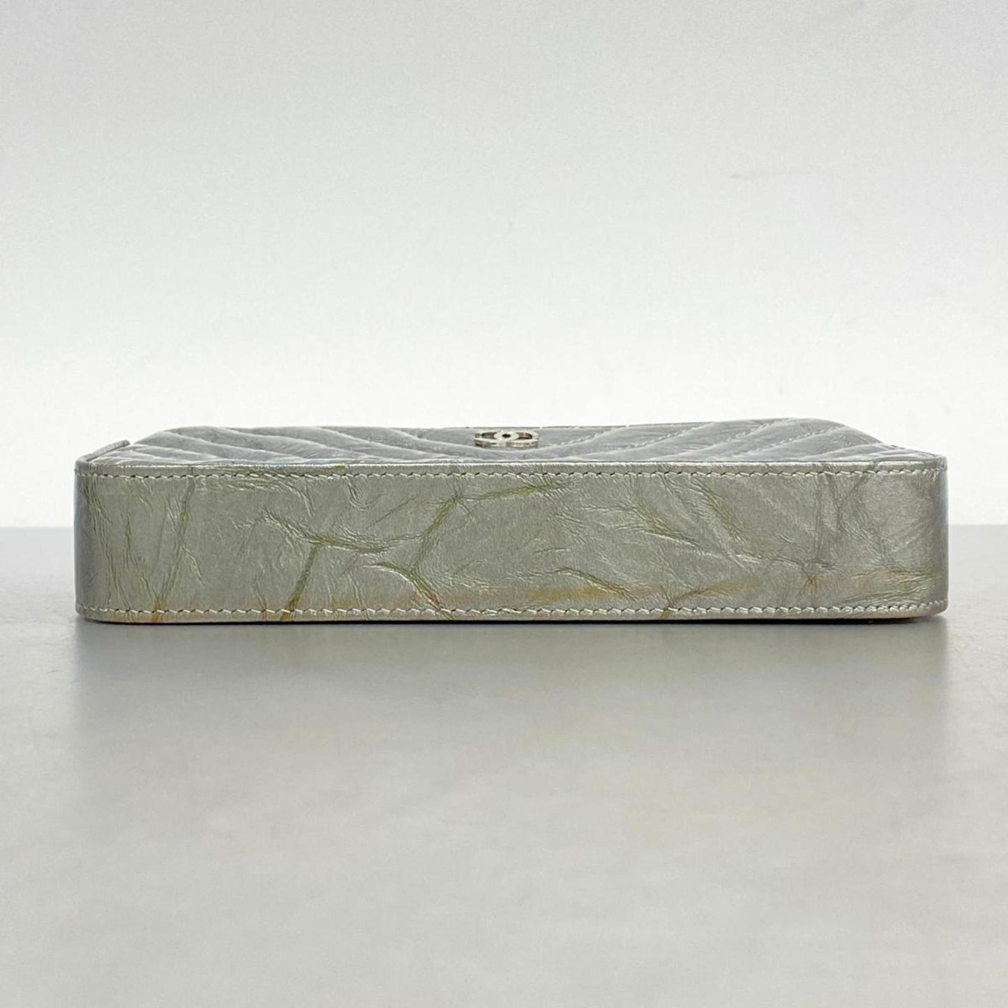 Chanel Shoulder Wallet V-Stitch Chain Coated Leather Grey Women's