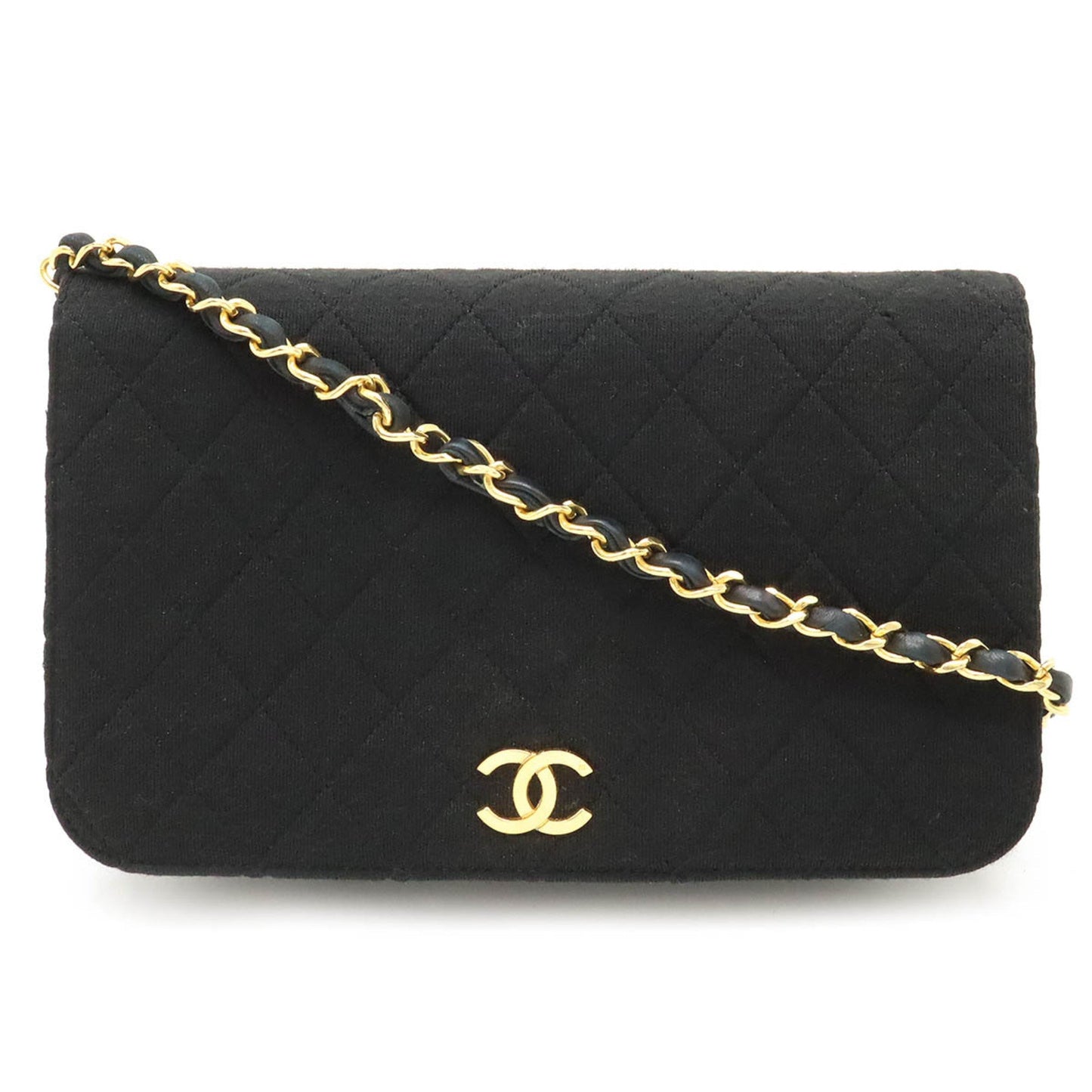 CHANEL Matelasse Chain Bag Shoulder Quilted Cotton Jersey Leather Black