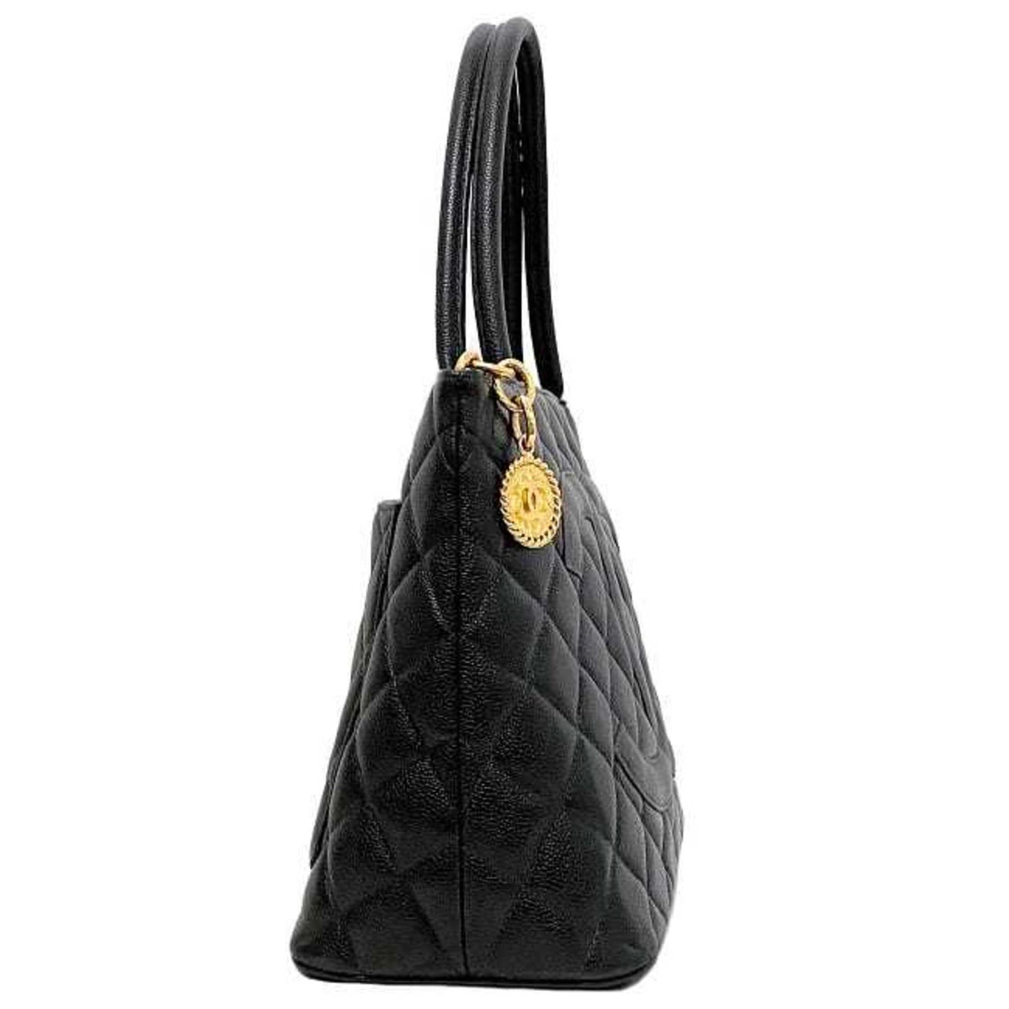 CHANEL reprint tote black gold A01804 bag leather caviar skin No. 5  coco mark quilting stitch