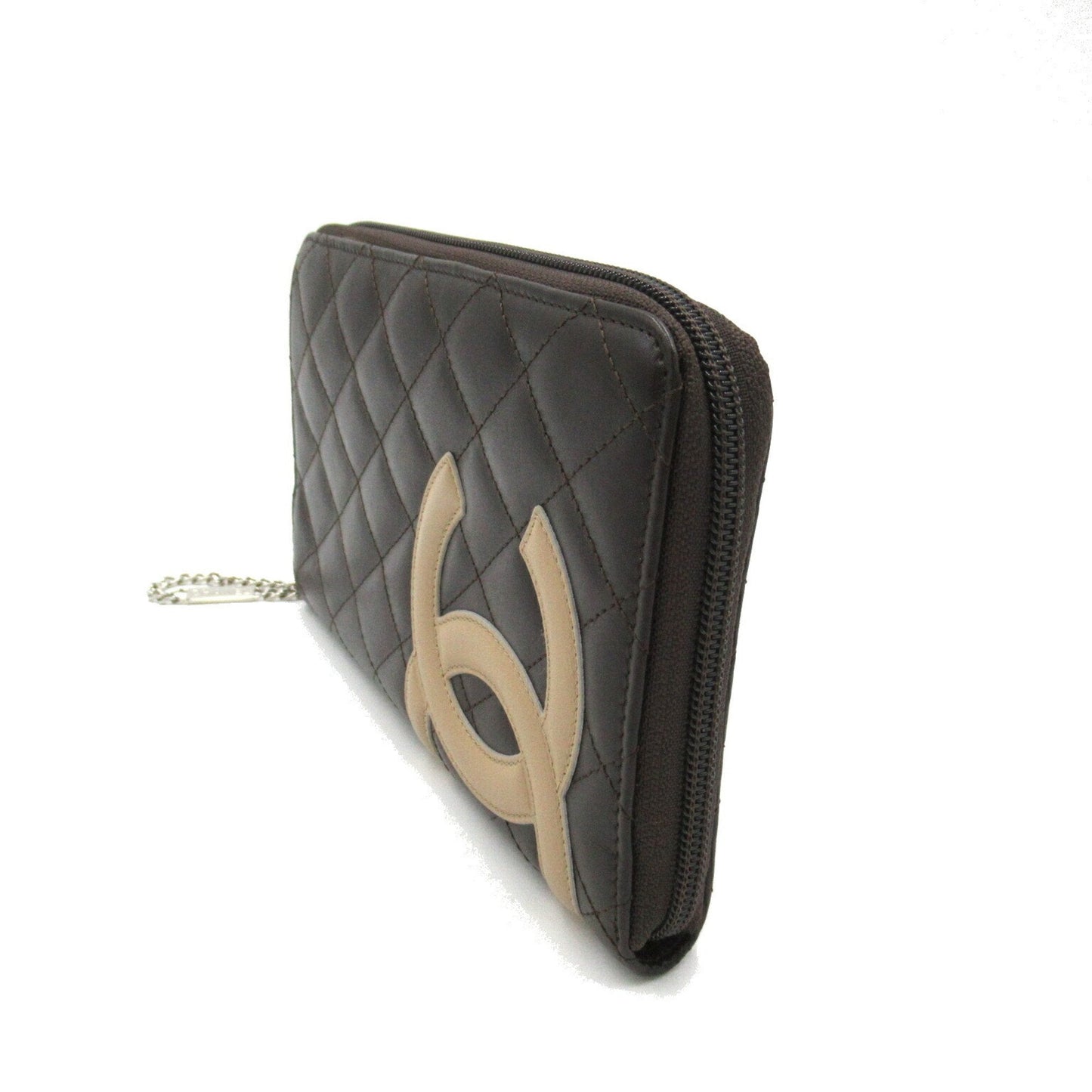 CHANEL Cambon Line Round Long Wallet Leather Men's Women's Brown