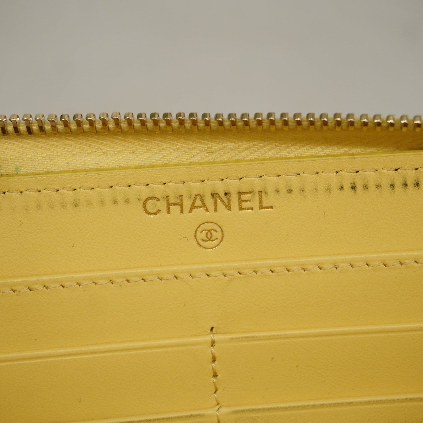 ChanelAuth  Camellia Bi-fold Long Wallet Gold Hardware Leather Yellow