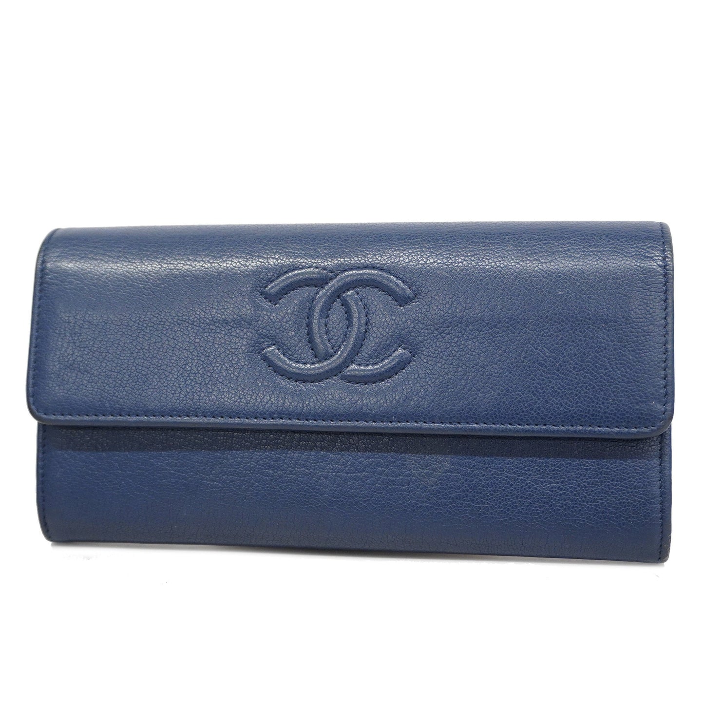 ChanelAuth  Bi-fold Long Wallet Gold Hardware Navy