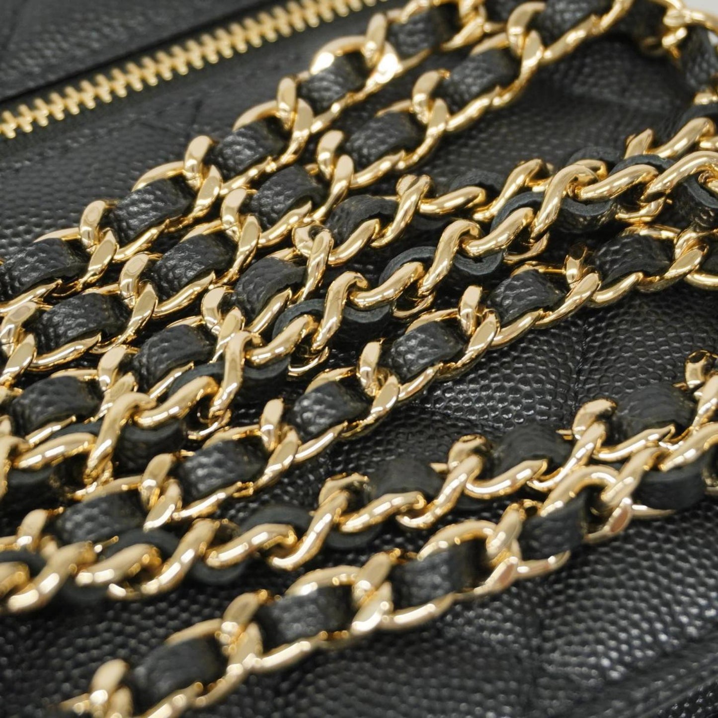 Chanel Shoulder Wallet Matelasse Chain Caviar Skin Black Champagne Women's