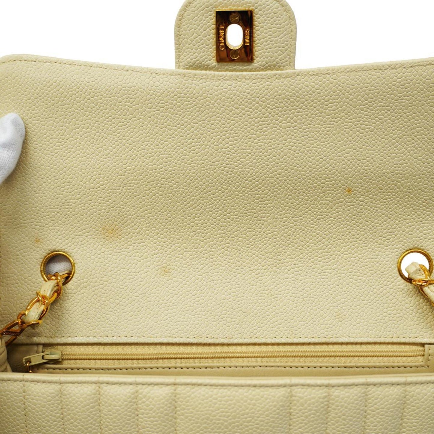 Chanel Shoulder Bag Mademoiselle Chain Caviar Skin White Women's