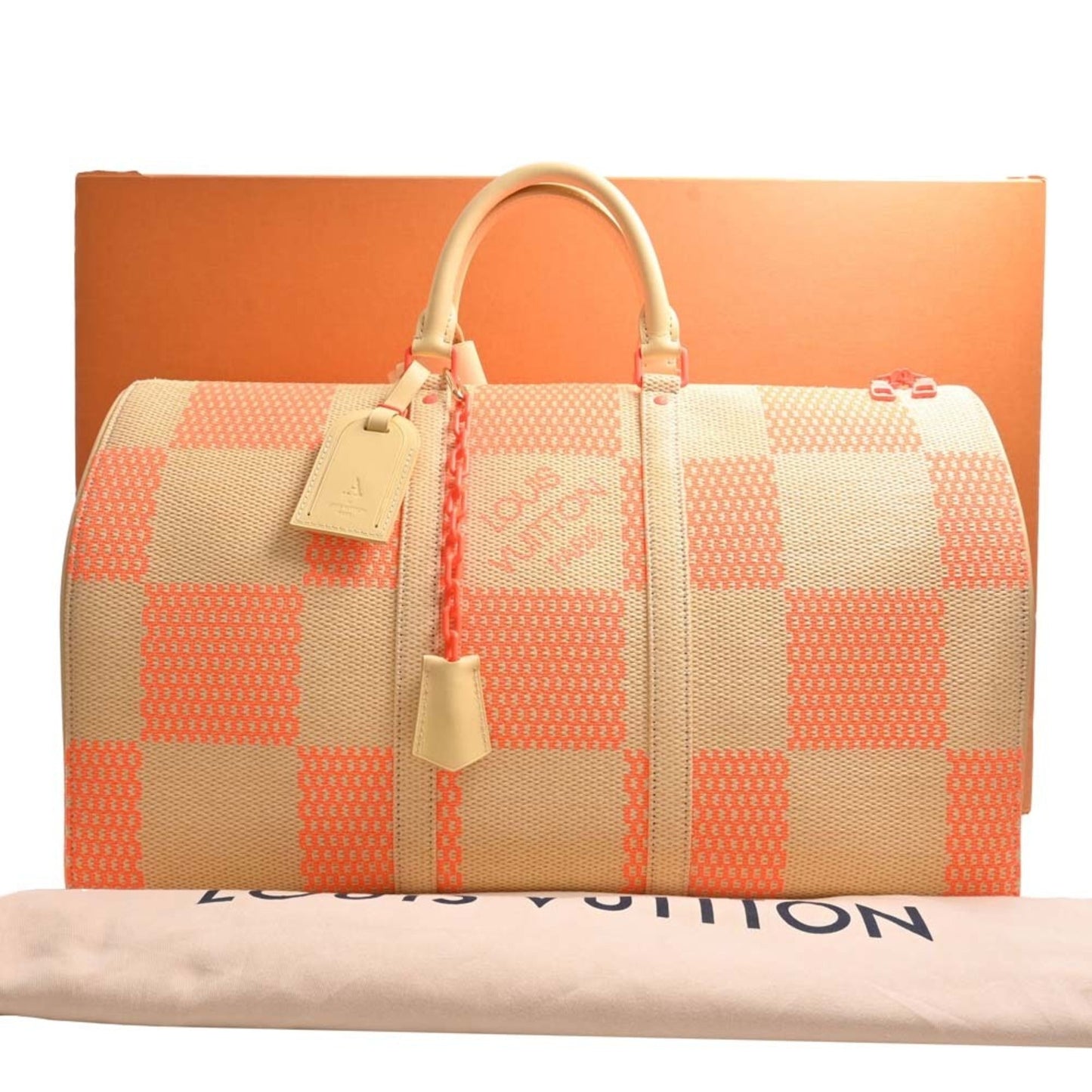 LOUIS VUITTON Damier Giant Raffia Keepall Bandouliere 50 Handbag Boston Bag M57419 Beige Orange Ladies