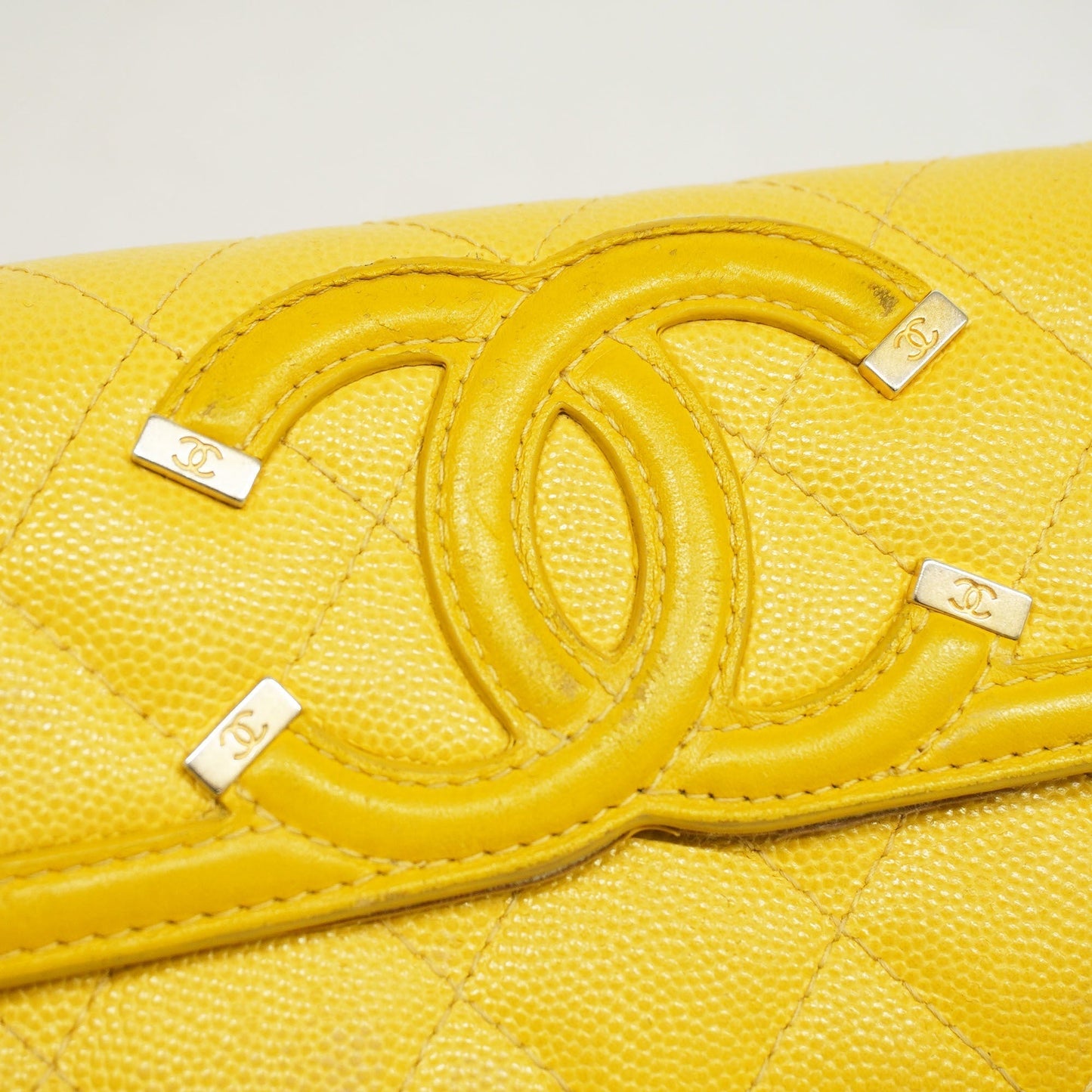 ChanelAuth  CC Filigree Gold Hardware Women's Caviar Leather Long Wallet Yellow