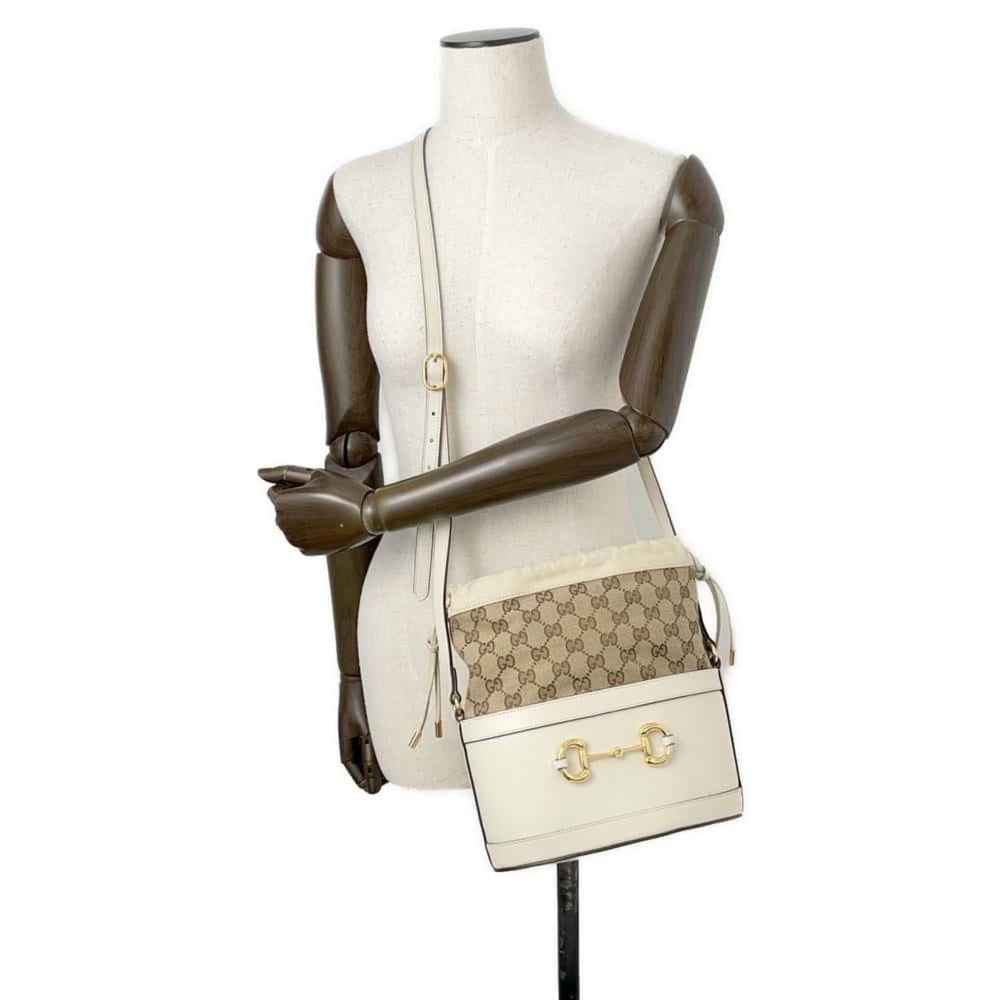 Gucci Horsebit Beige Ivory Leather Canvas Shoulder Bag