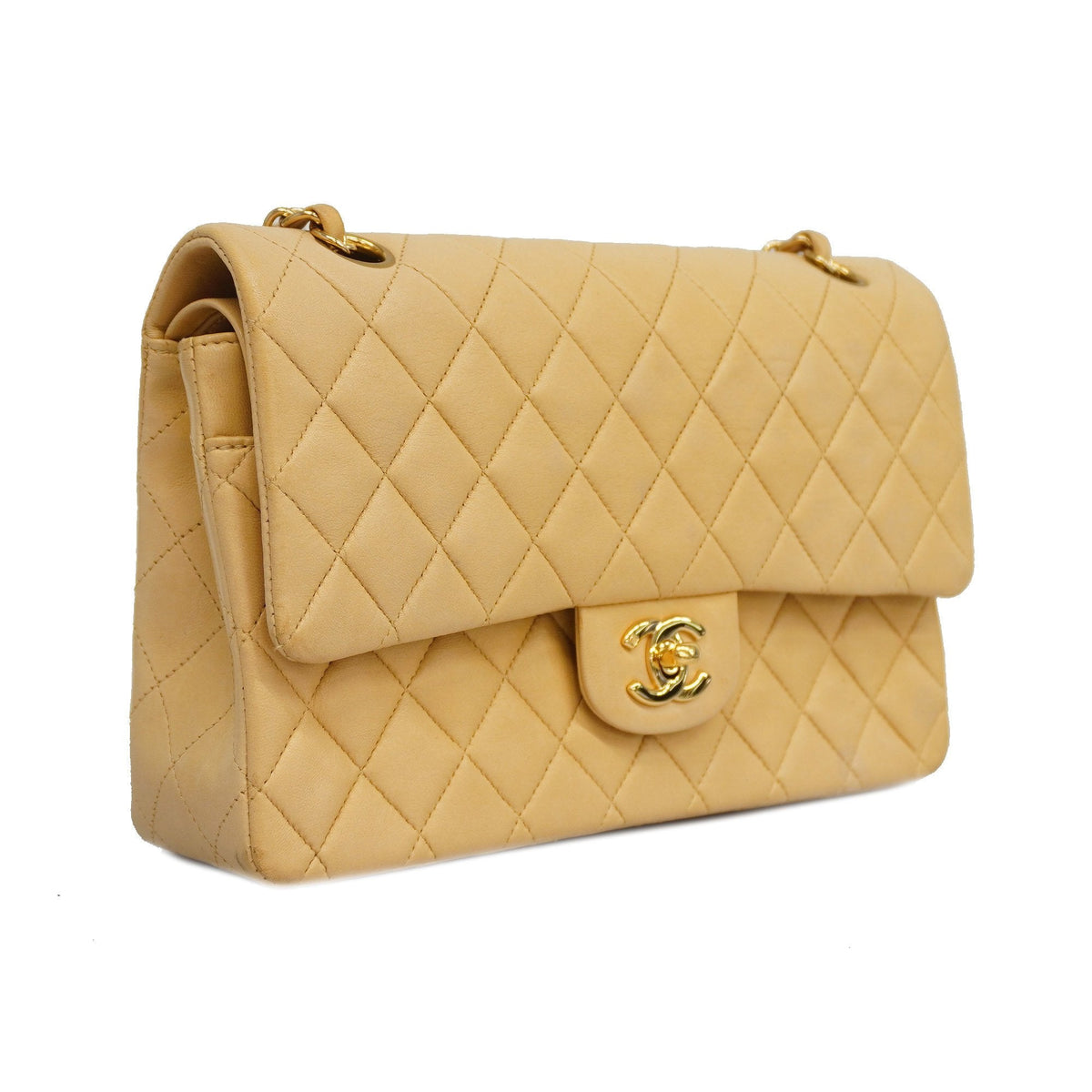 ChanelAuth  Matelasse W Flap W Chain Lambskin Women's Leather Shoulder Bag Beige