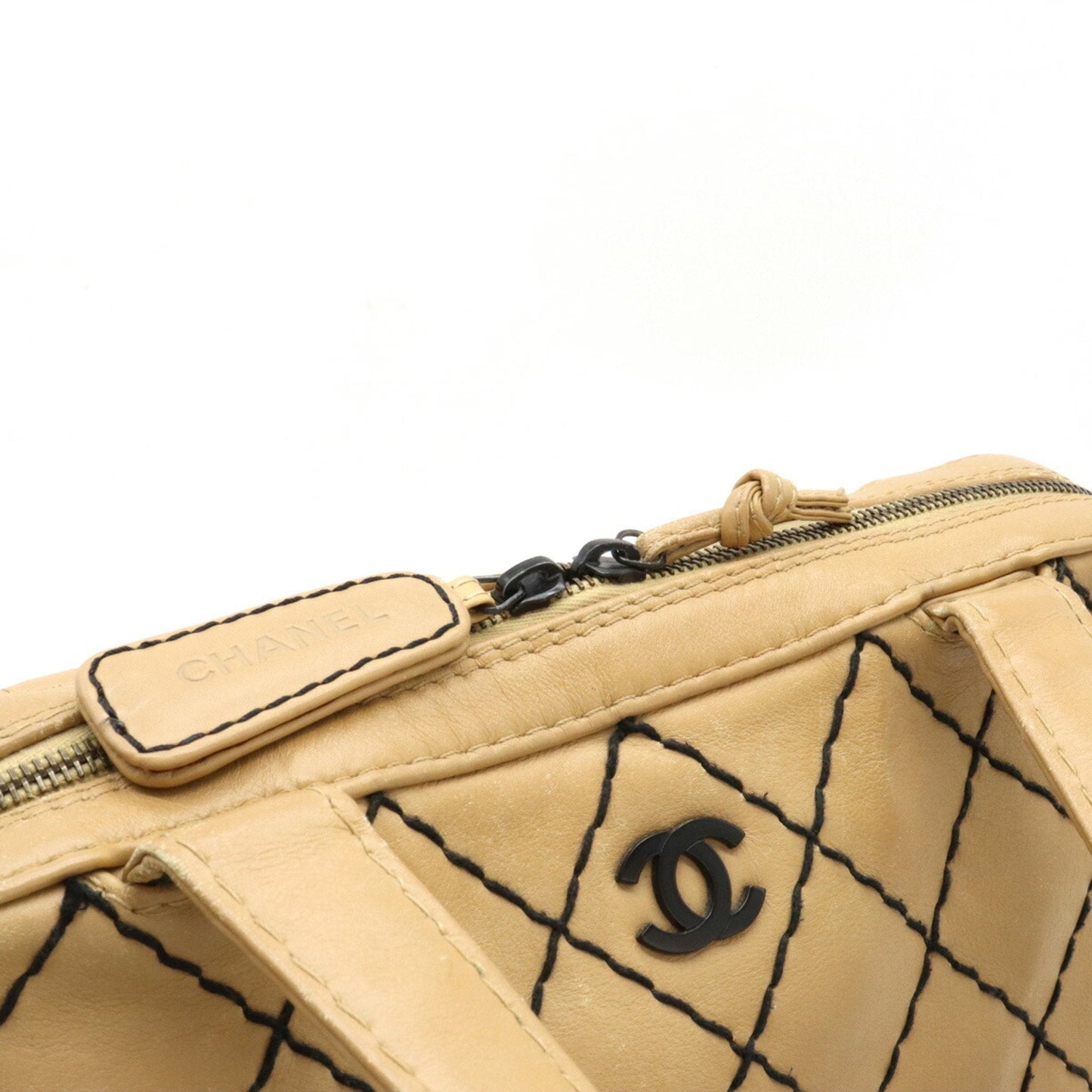 Chanel Wild Stitch Coco Mark Tote Bag HandBag Leather Beige A14693