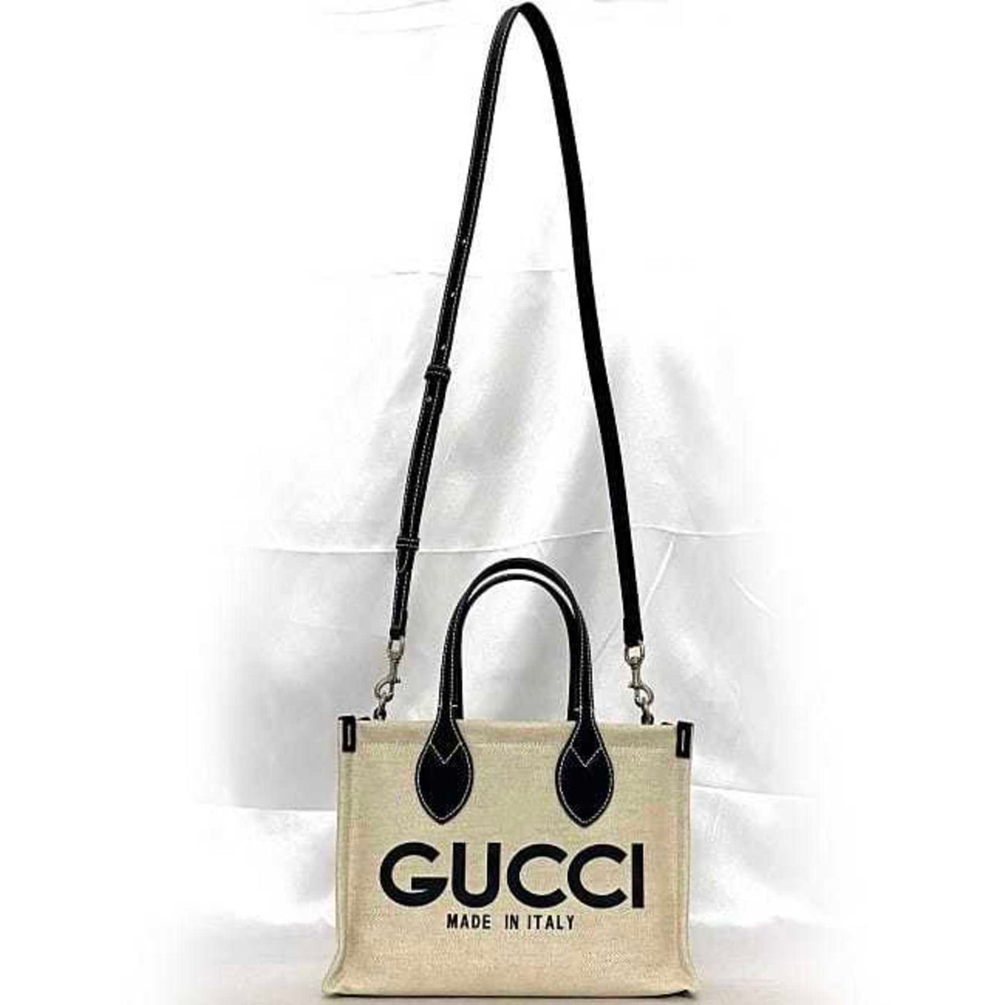 Gucci Beige Navy Canvas Leather Handbag Shoulder Bag Tote Bag