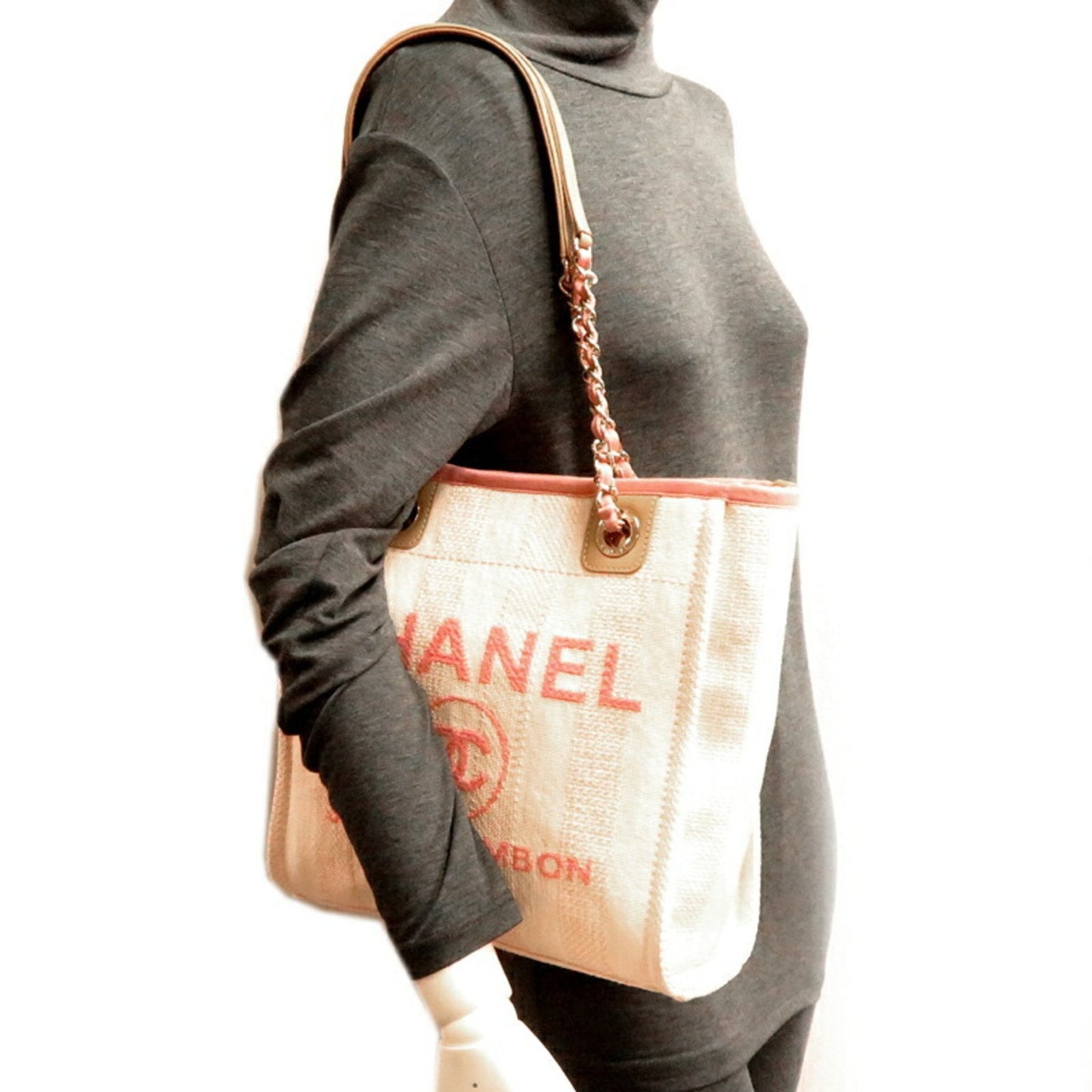 Chanel Seal Deauville PM Women's Tote Bag A66939 Canvas Pink