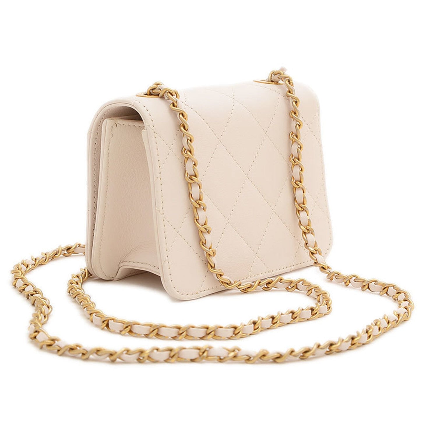 Chanel Matelasse Chain Shoulder Bag Beaded Leather White