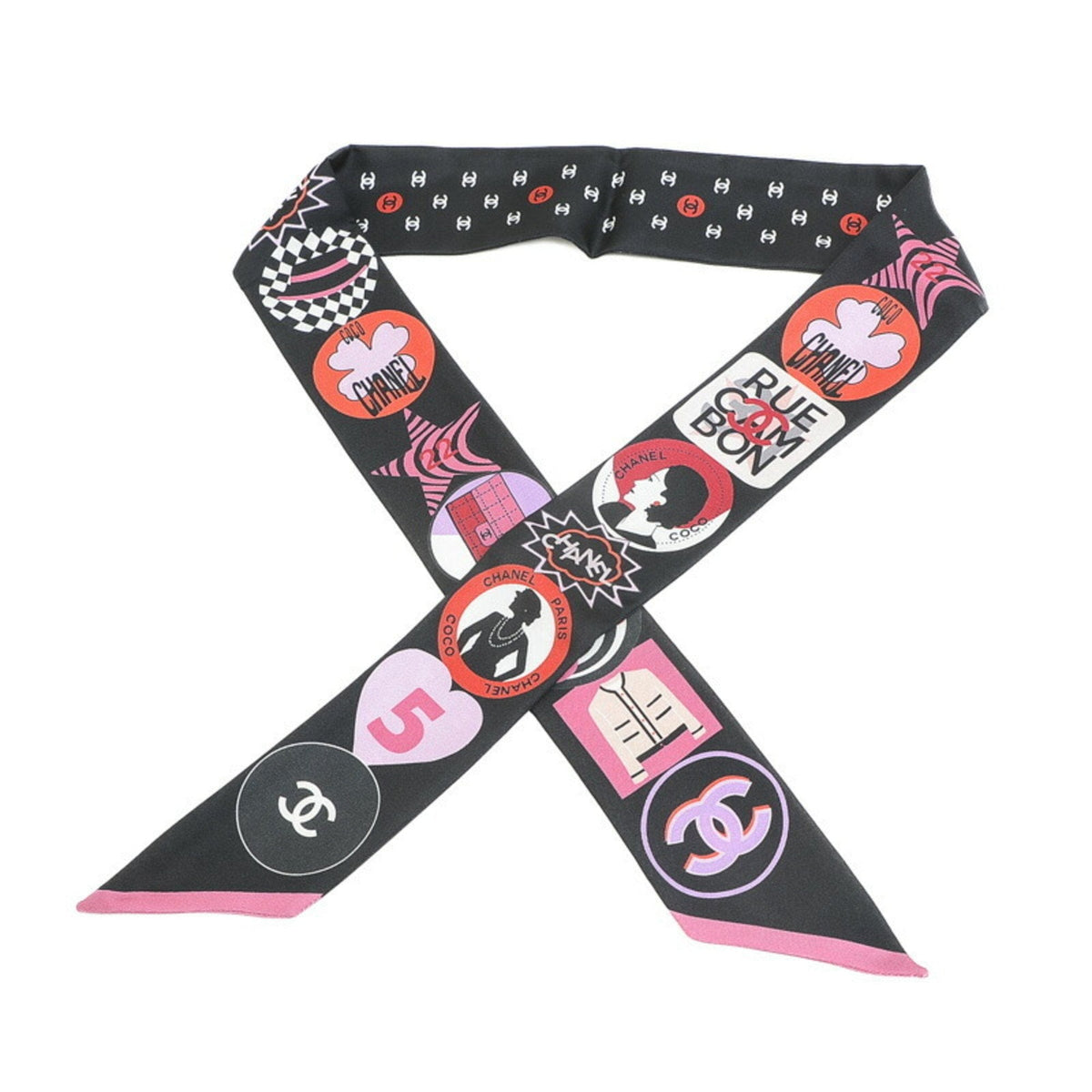 Chanel Headband Scarf Black Pink 100% Silk