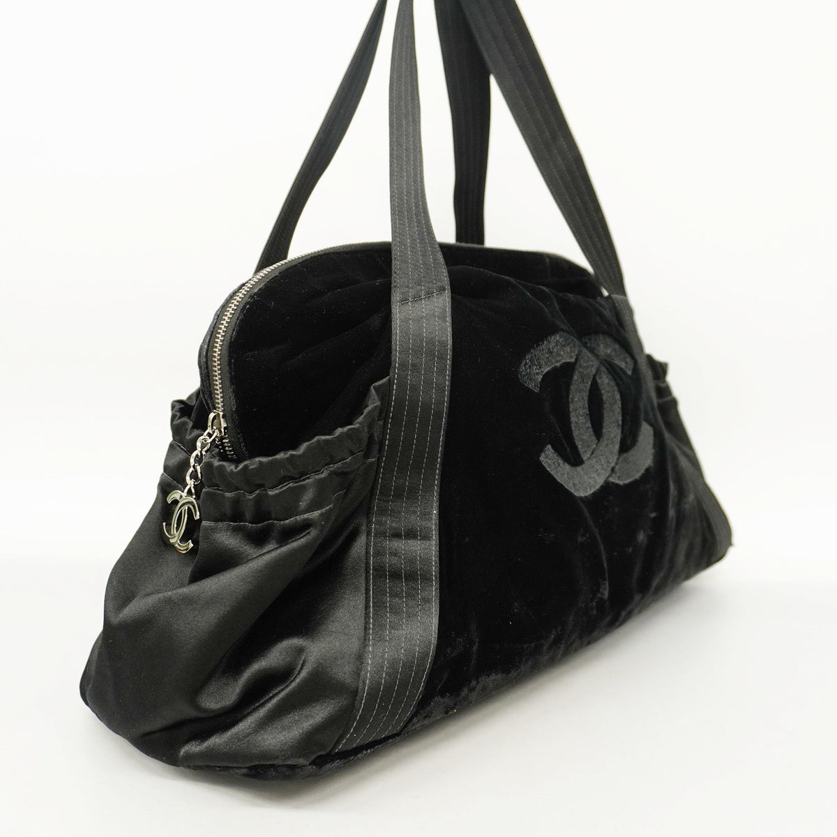 CHANELAuth  Boston Bag Men,Women, Satin,Leather Boston Bag Black