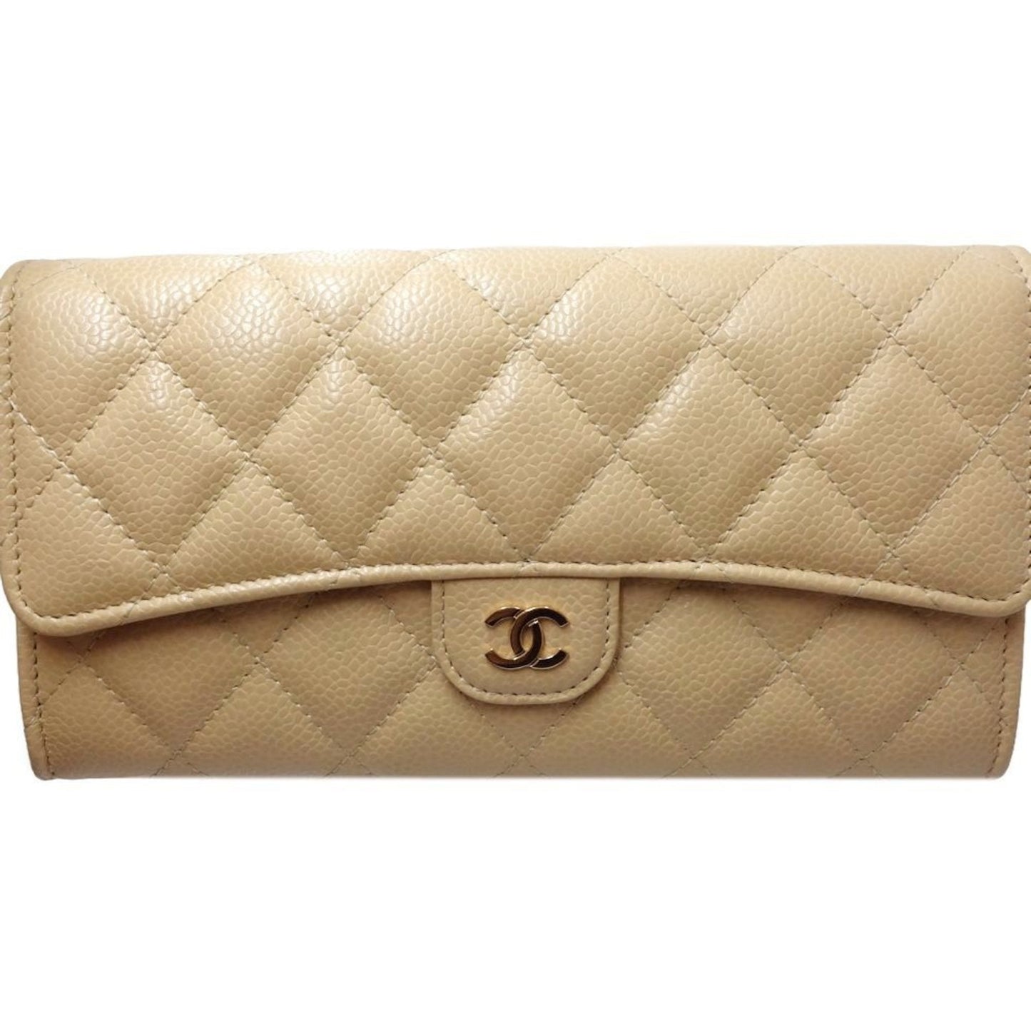 CHANEL Long Wallet A80758 Classic Flap Matelasse Caviar Skin Beige 180597