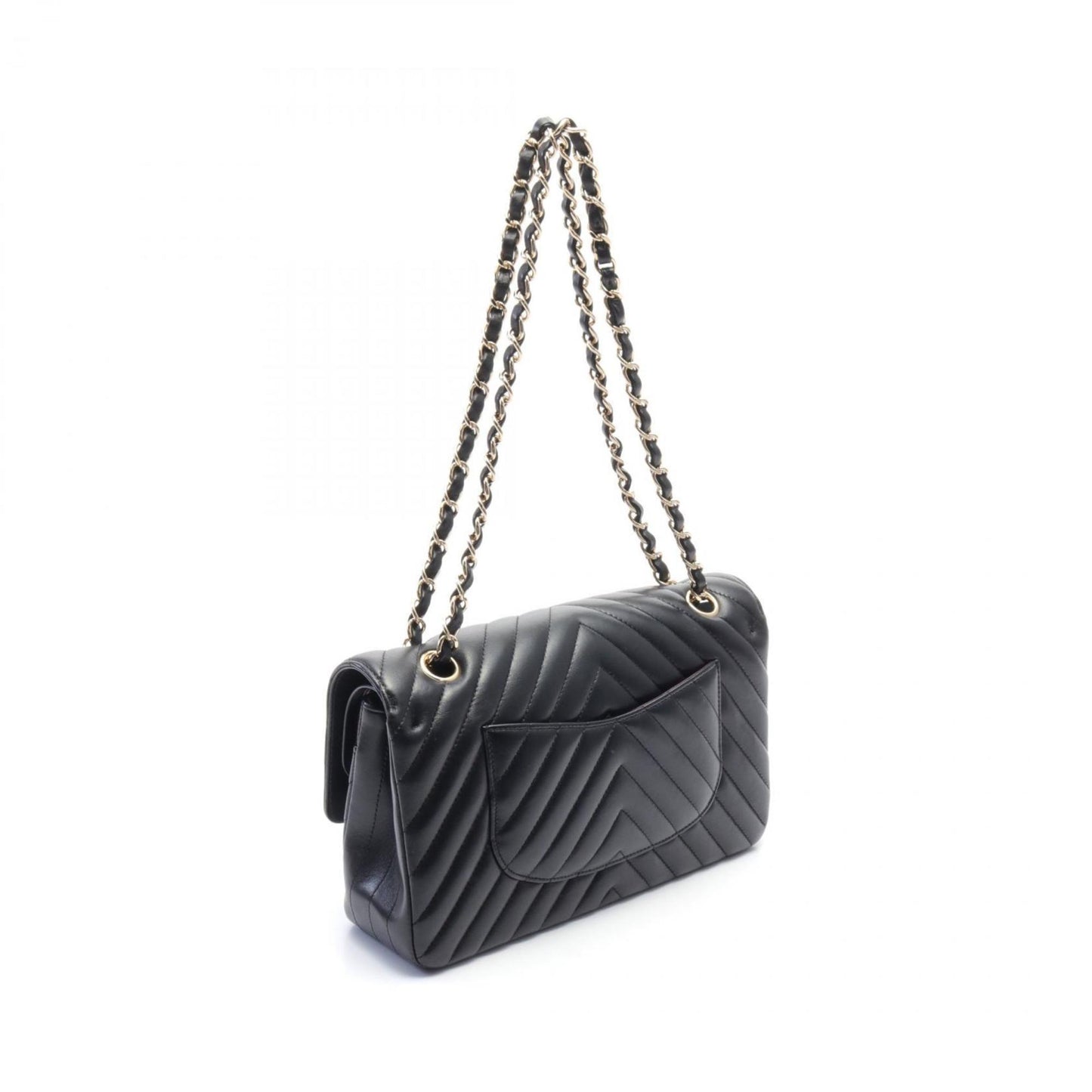 CHANEL Chevron V-stitch W-flap shoulder bag, lambskin, women's, black