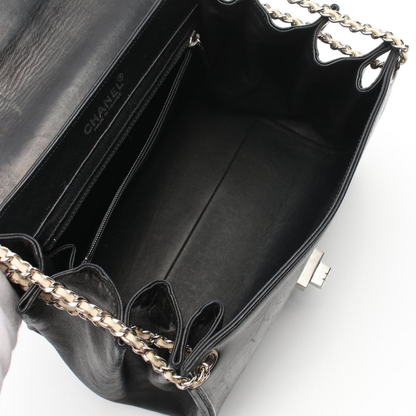 CHANEL 2.55 Chocolate Bar Shoulder Bag Patent Leather Lambskin Women's Black Beige