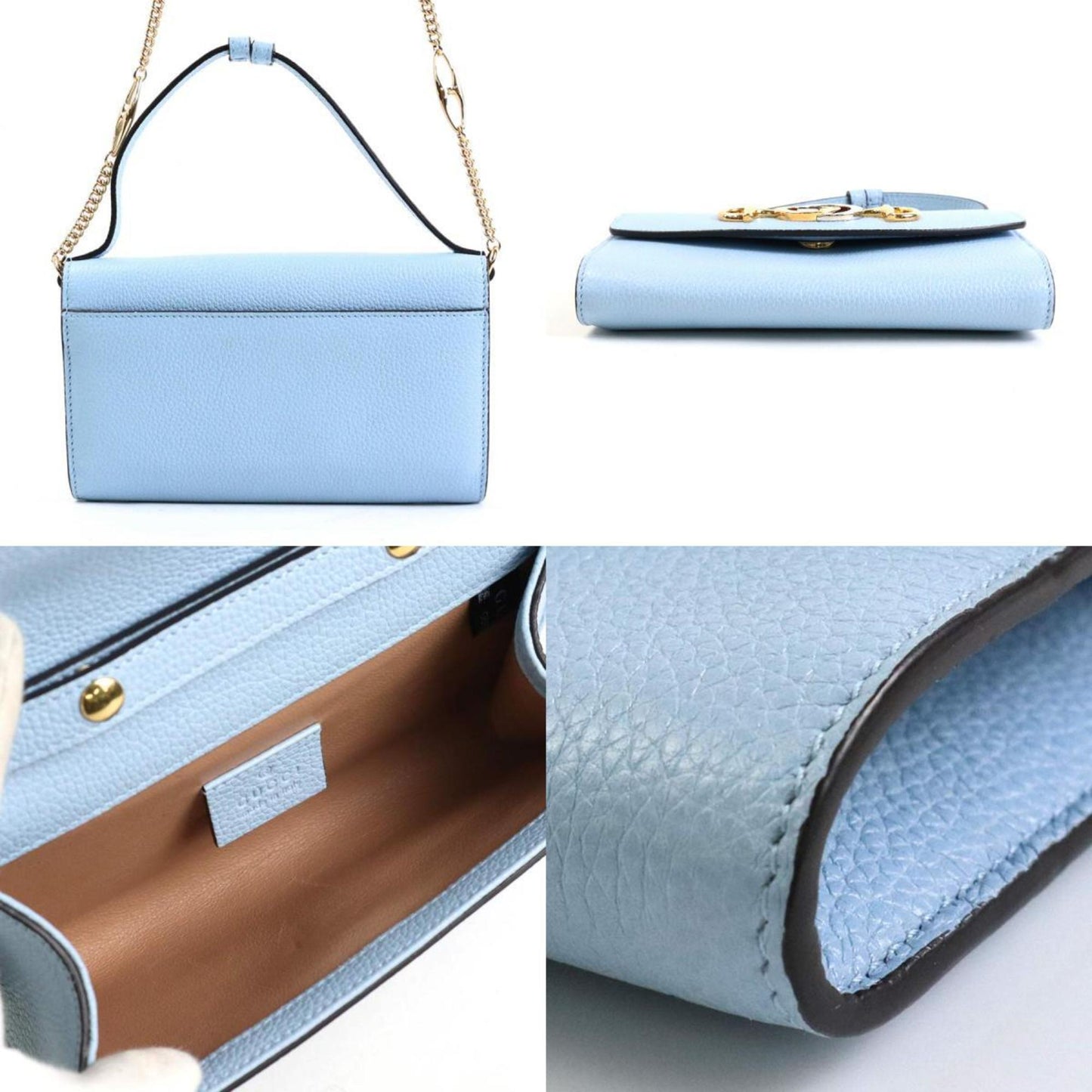 GUCCI Handbag Crossbody Shoulder Bag GG Horsebit Leather/Metal Light Blue/Gold/Silver Ladies 564718