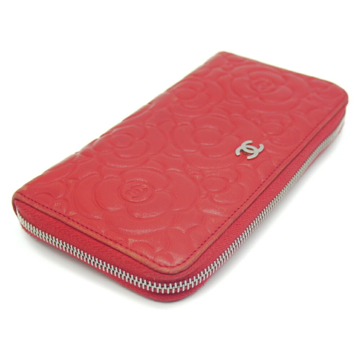 CHANEL camellia embossed round long wallet lambskin red A82281