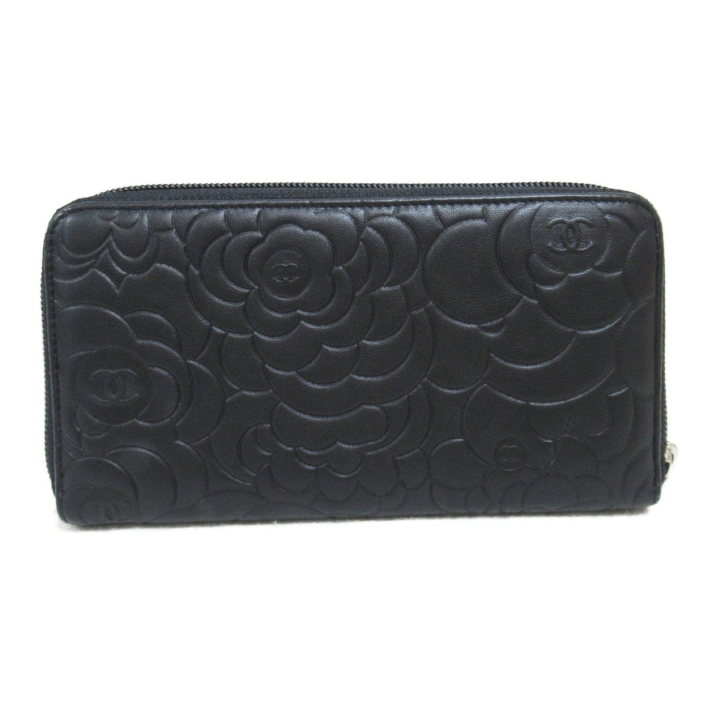 CHANEL Camellia Round Long Wallet, Lambskin (Sheepskin), Women's, Black, A50085