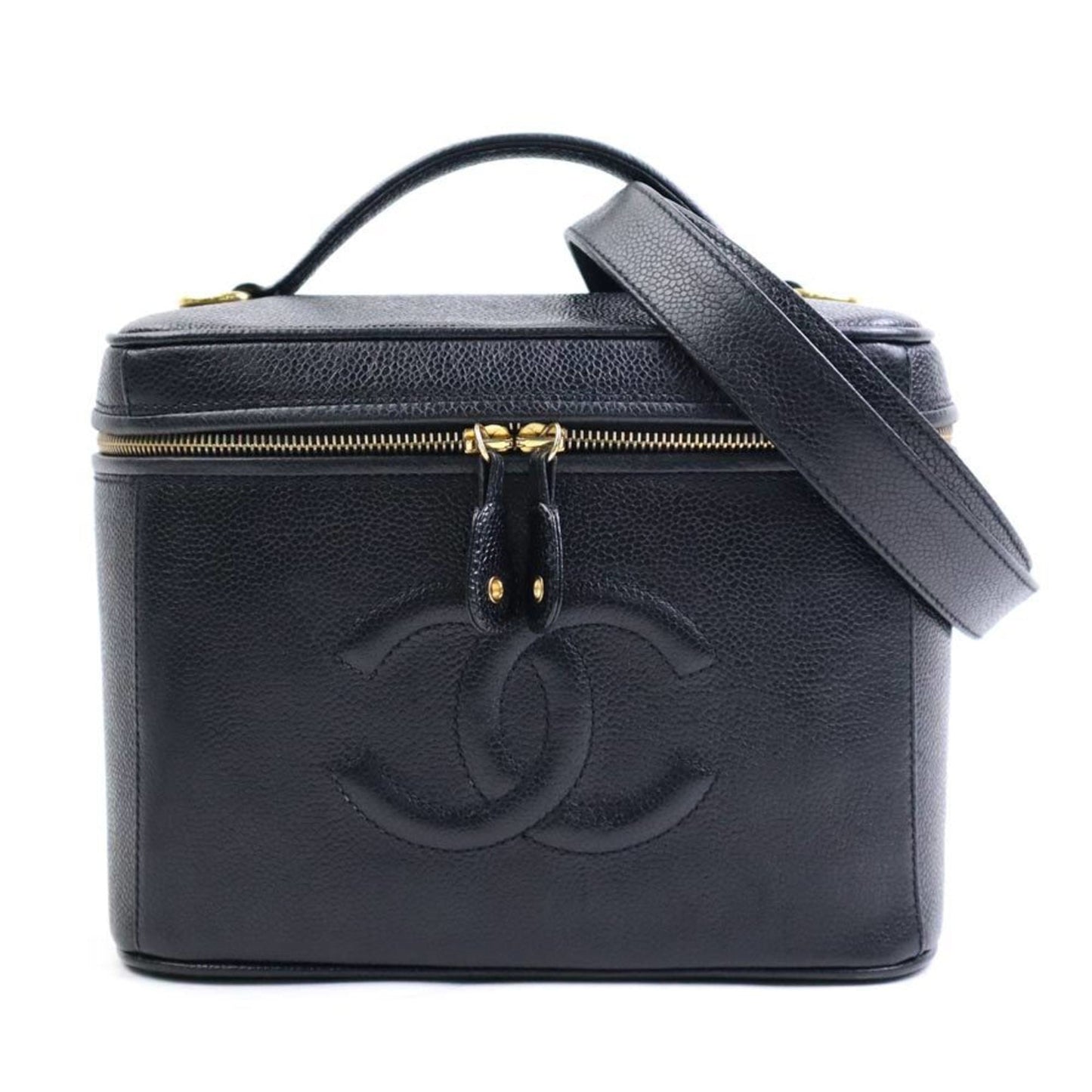 CHANEL Handbag Vanity Bag Shoulder Coco Mark Caviar Skin Leather Black Gold Women's e58851g