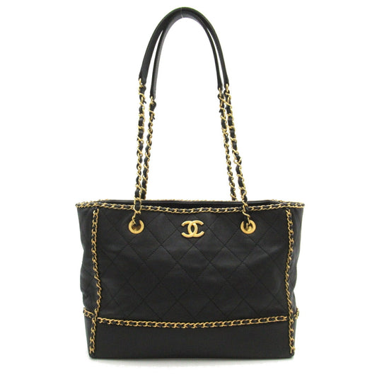 CHANEL Chain Tote Bag Leather Women's Black