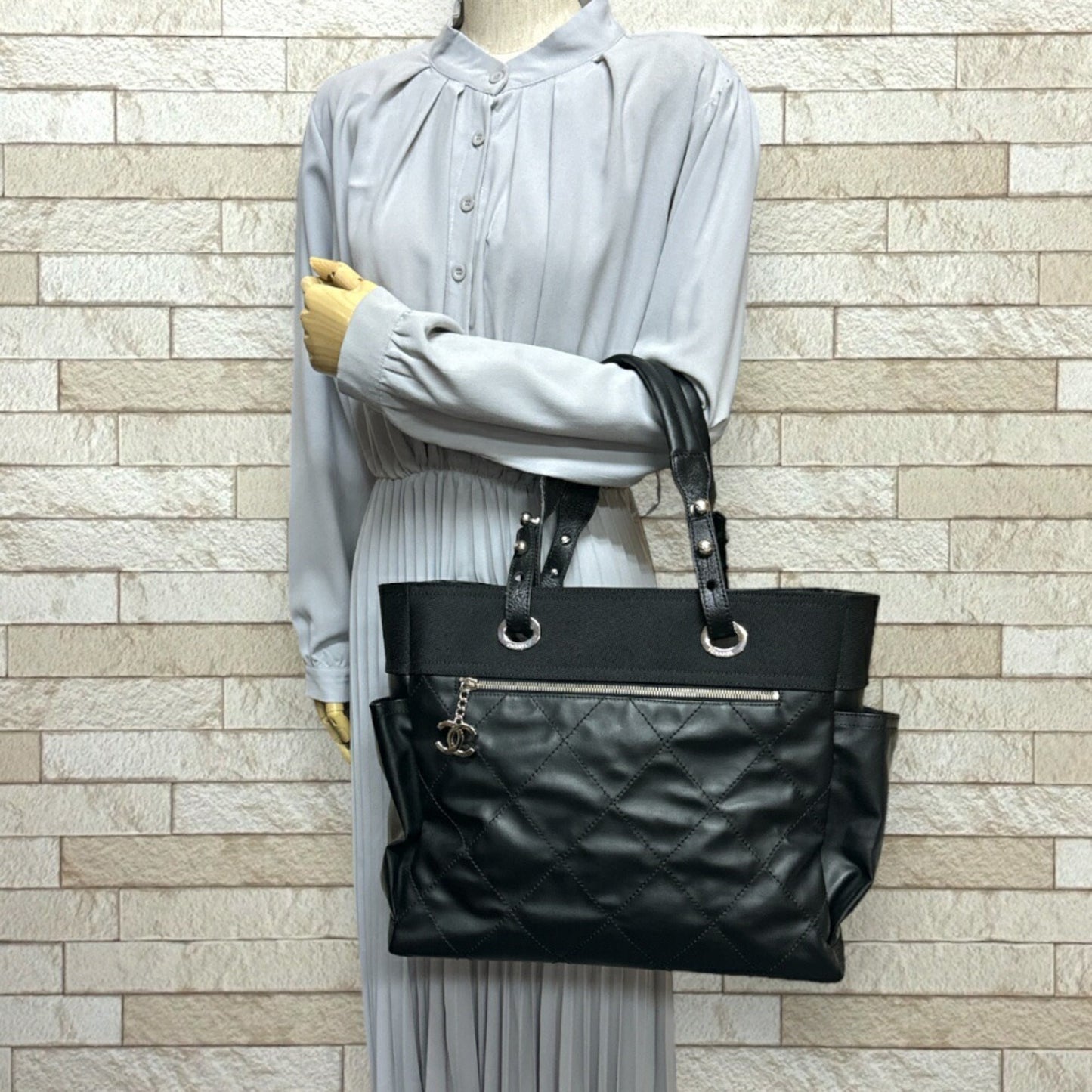 CHANEL Paris Biarritz GM Tote Bag Chanel Coated Canvas A34210 Black Women's