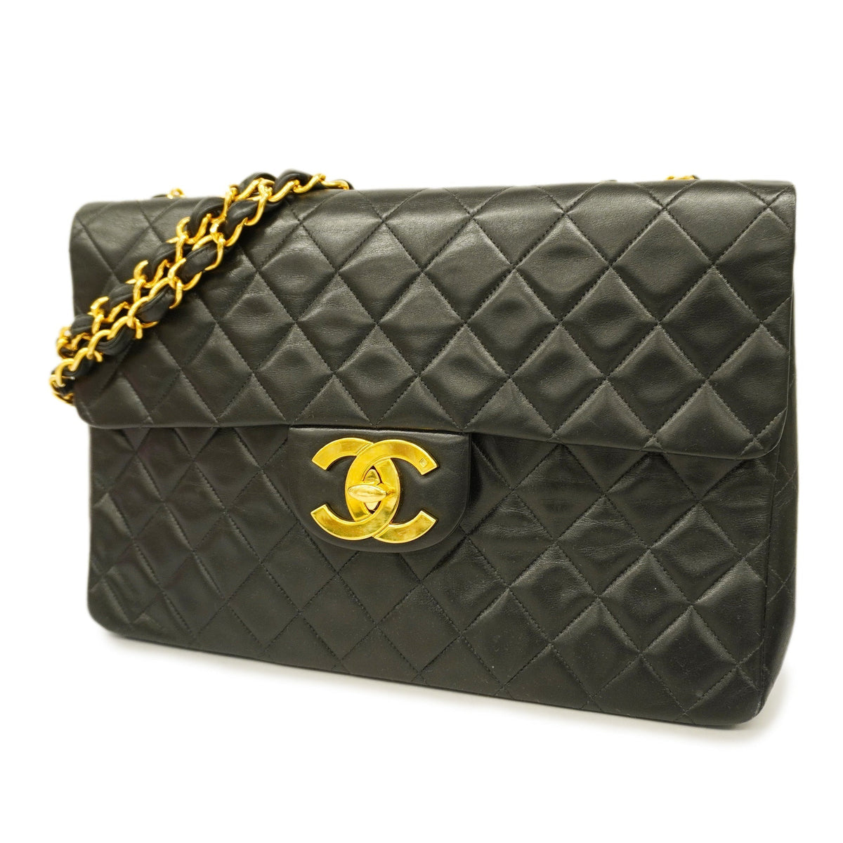 ChanelAuth  Big Matelasse W Chain Women's Leather Shoulder Bag Black