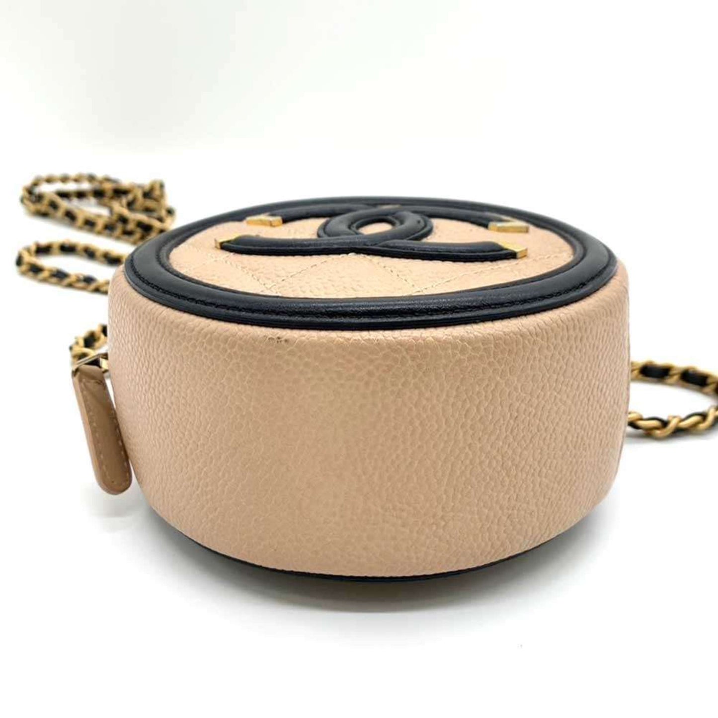 Chanel Bag CC Filigree Round Chain Shoulder Beige x Black Pochette Pouch Circle Crossbody Women's Caviar Skin CHANEL