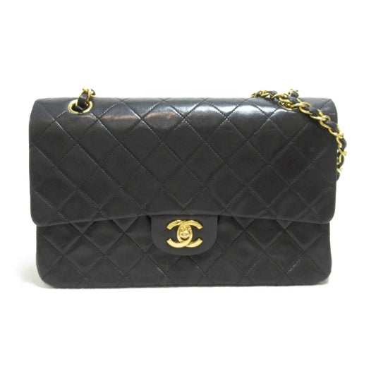CHANEL Matelasse Double Flap Chain Shoulder Bag Black Lambskin (sheep leather)