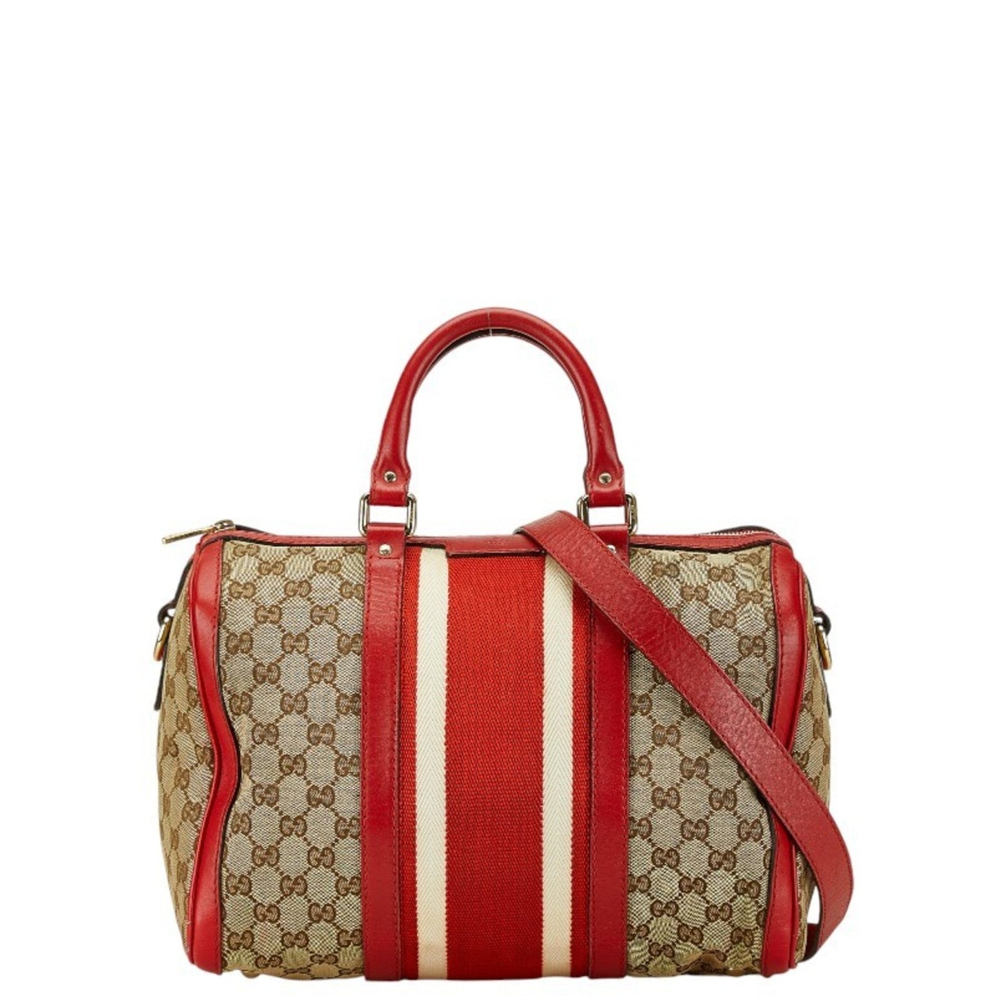 Gucci Beige Red Color Canvas Leather Boston Bag Shoulder Bag ()