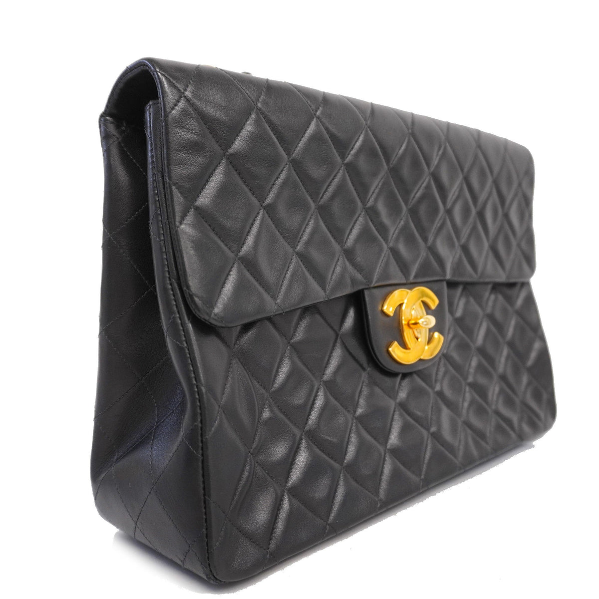 ChanelAuth  Big Matelasse W Chain Women's Leather Shoulder Bag Black