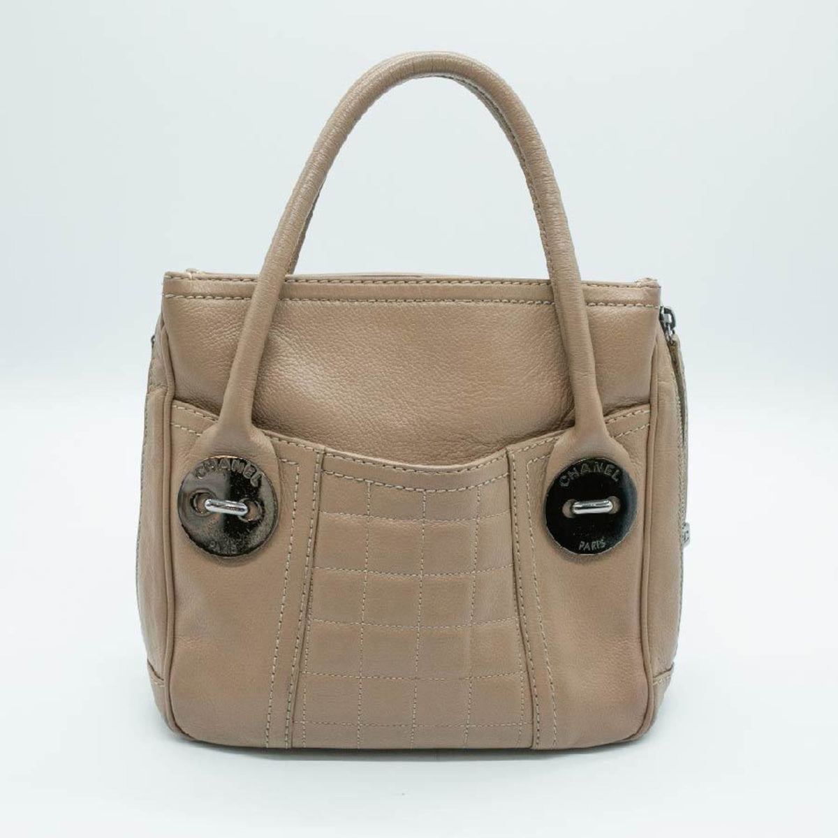 CHANEL Handbag Chocolate Bar Leather Beige Silver Women's PD21