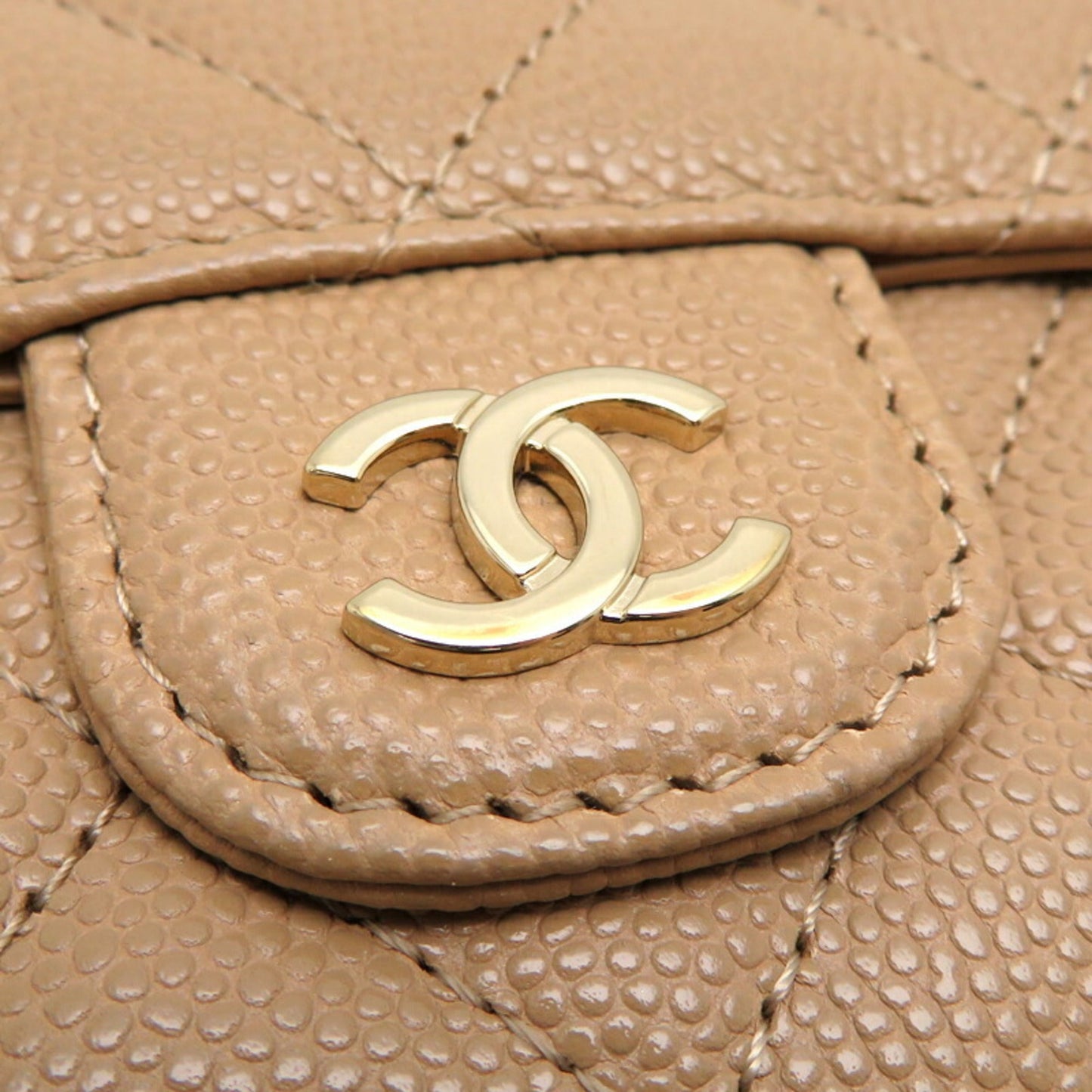 Chanel Seal Caviar W Compact Wallet Women's Tri-fold Skin Beige
