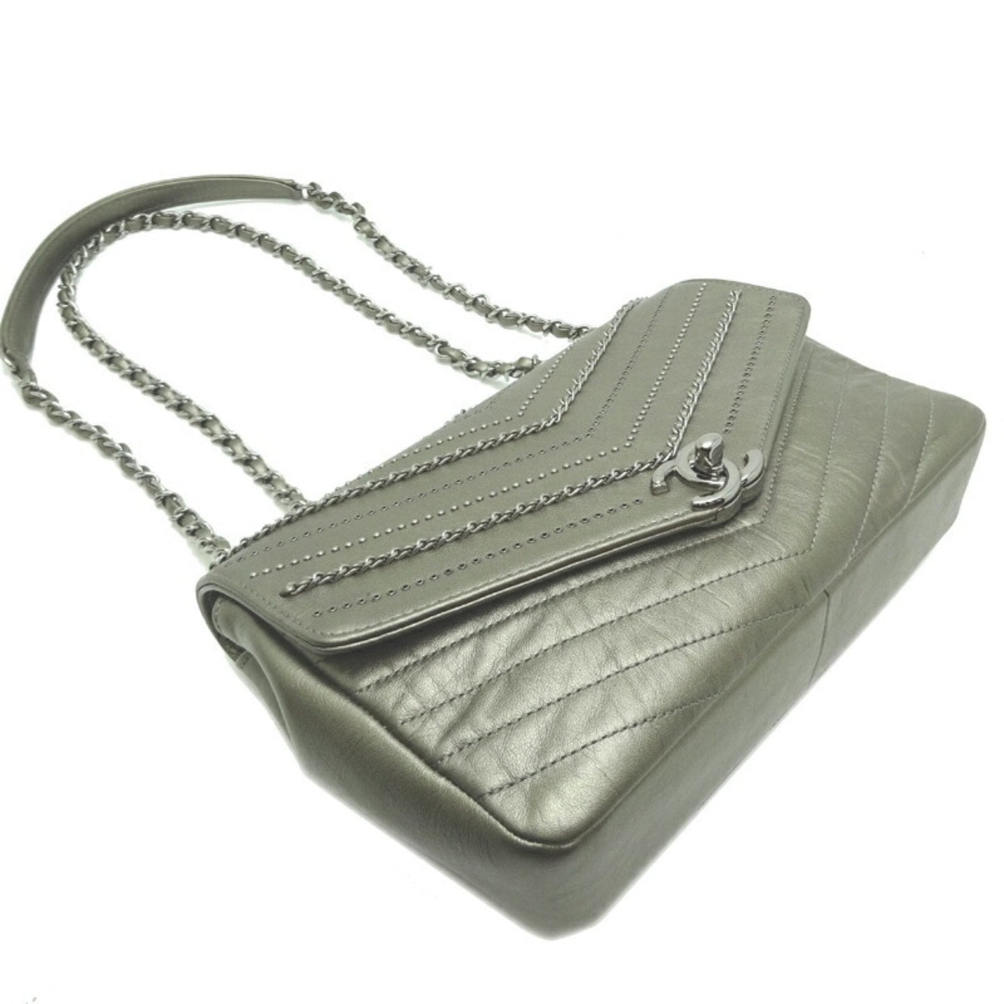 Chanel V-stitch chain shoulder 23 ladies bag leather grey