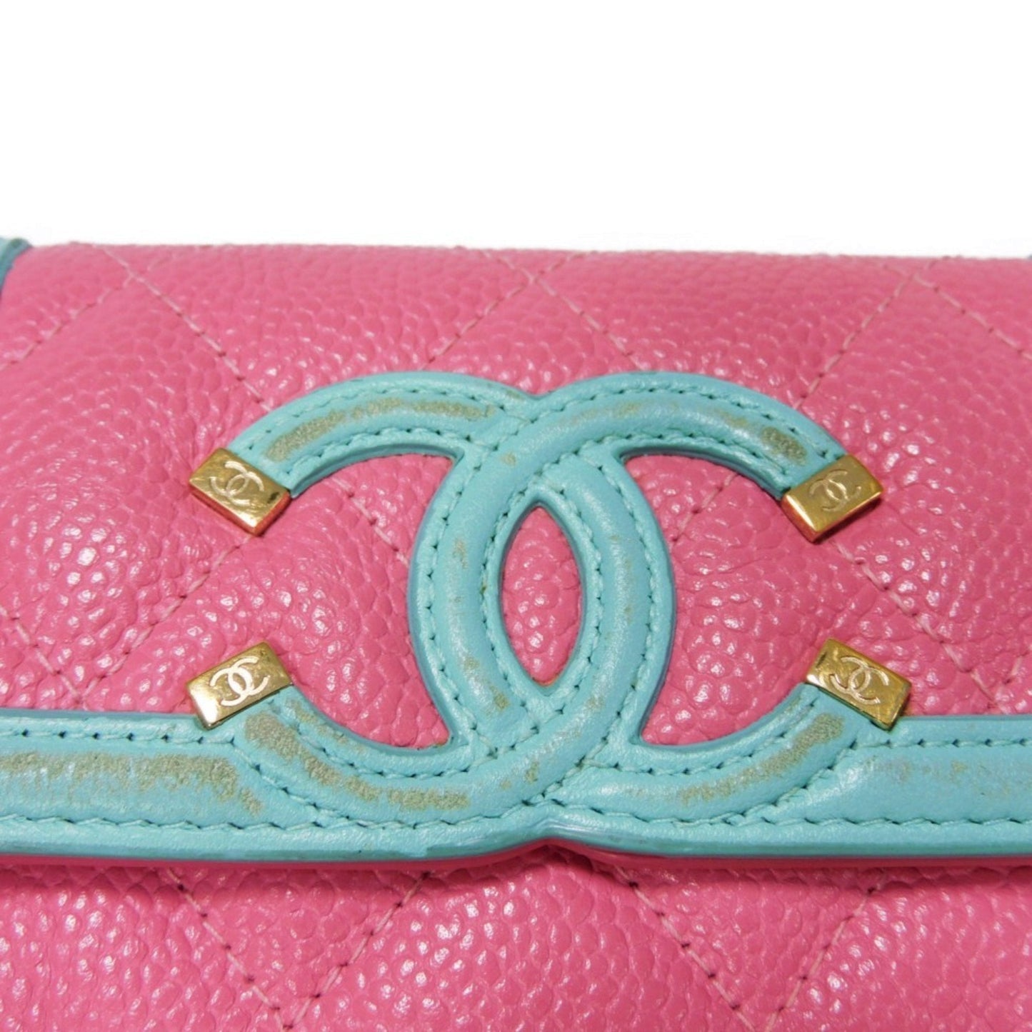 CHANEL Card Case CC Filigree Holder Caviar Skin Pink Pastel Blue Green Compact Wallet 27 Series Women's