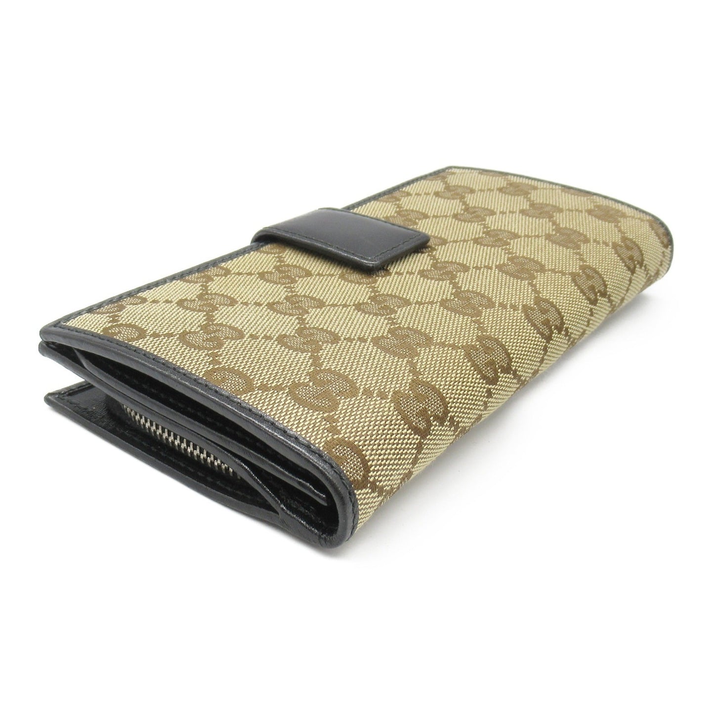 Gucci Beige Black Gg Canvas Leather Long Wallet (Bi-Fold)