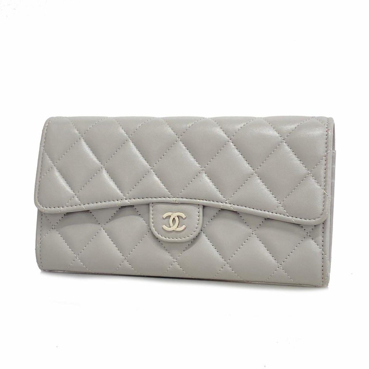 Chanel Long Wallet Matelasse Lambskin Grey Women's